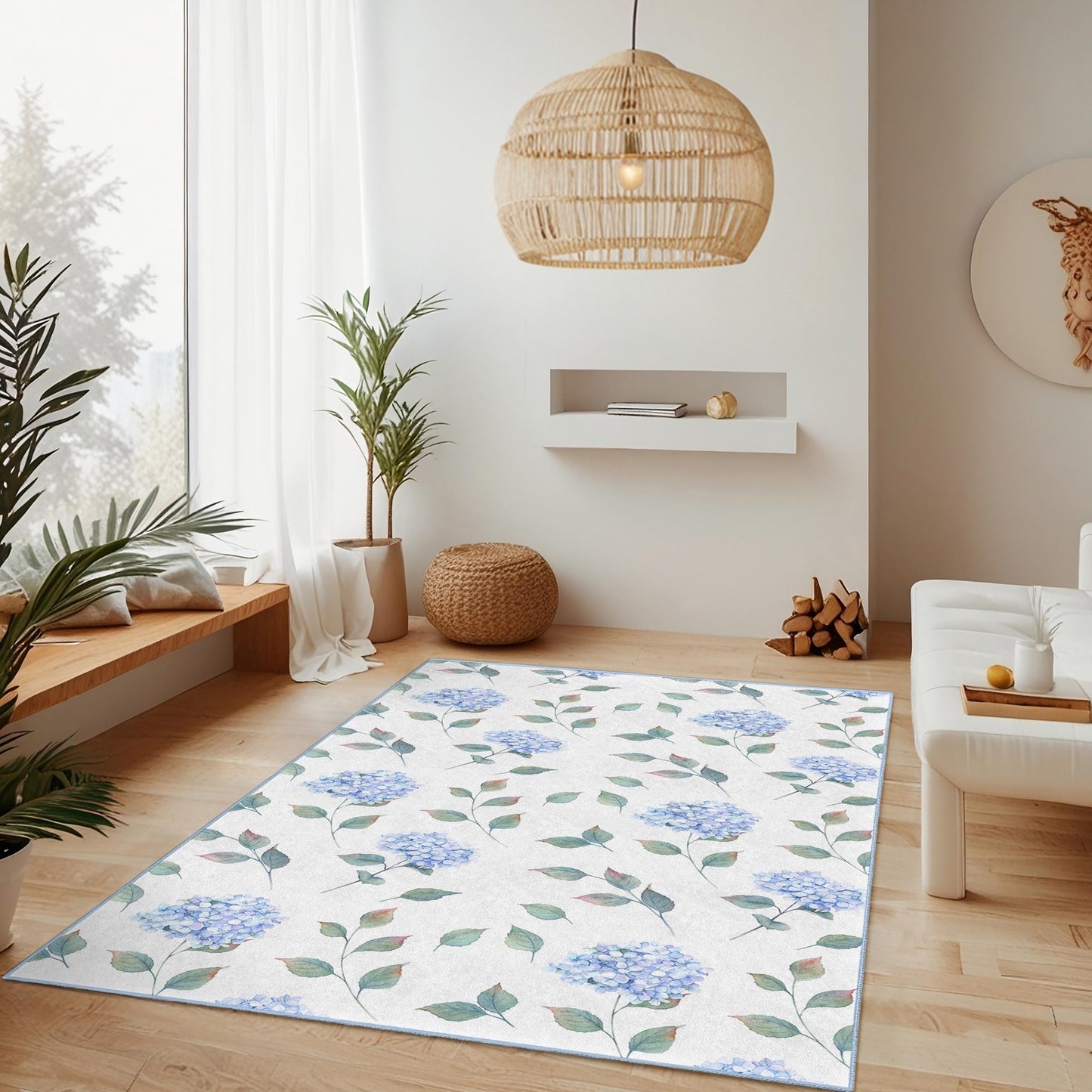 Elegant Blue Hydrangea Rectangular Area Rug, Floral Pattern Rug for Living Room, Soft Carpet for Home Decor, Flower Design Mat