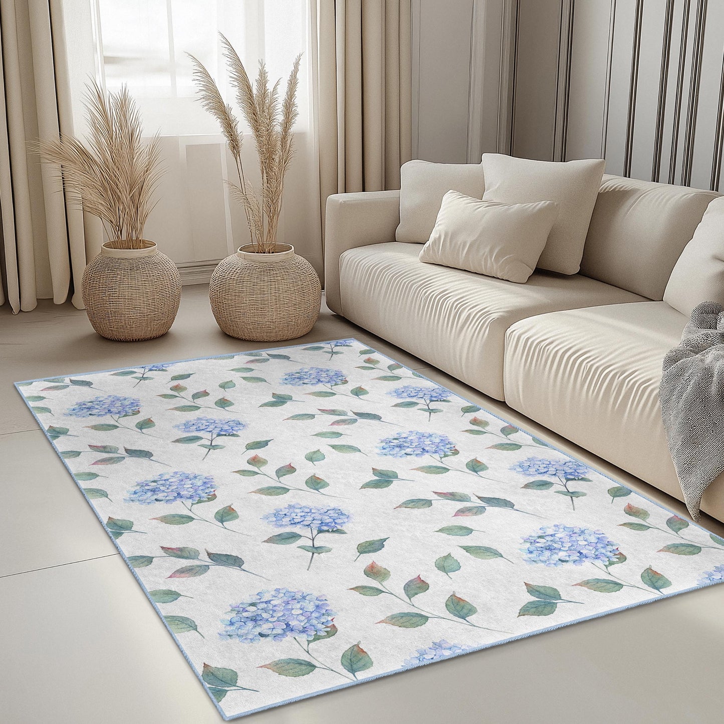 Elegant Blue Hydrangea Rectangular Area Rug, Floral Pattern Rug for Living Room, Soft Carpet for Home Decor, Flower Design Mat