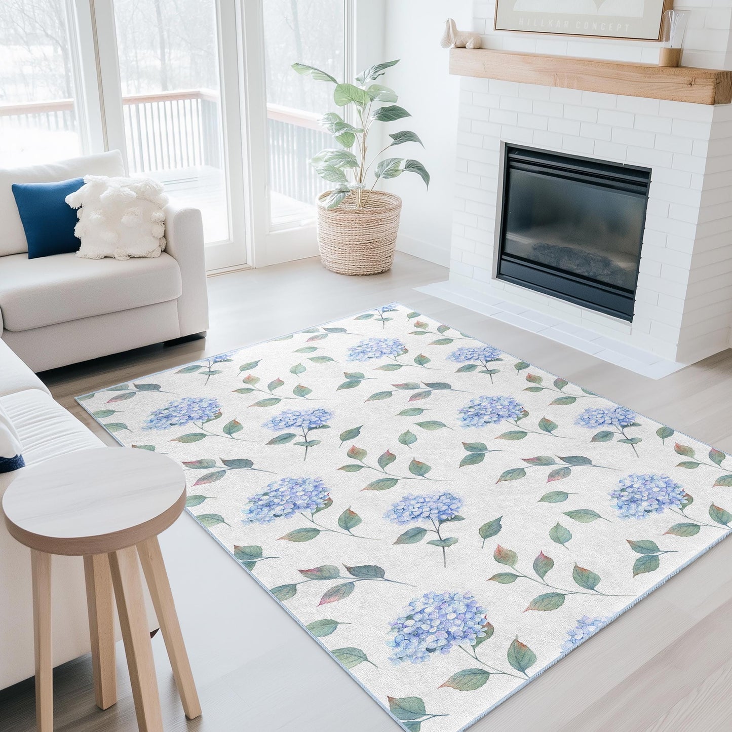 Elegant Blue Hydrangea Rectangular Area Rug, Floral Pattern Rug for Living Room, Soft Carpet for Home Decor, Flower Design Mat