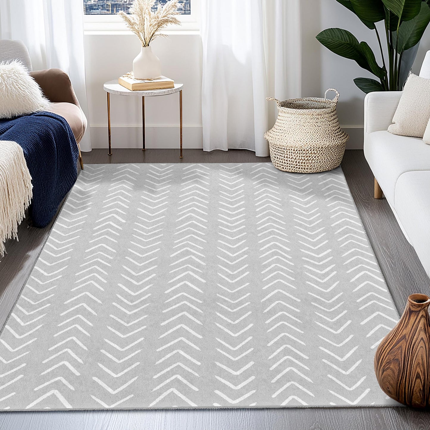 Chevron Pattern Rectangle Area Rug, Modern Grey and White Carpet, Stylish Living Room Rug, Elegant Home Decor, Soft Floor Mat