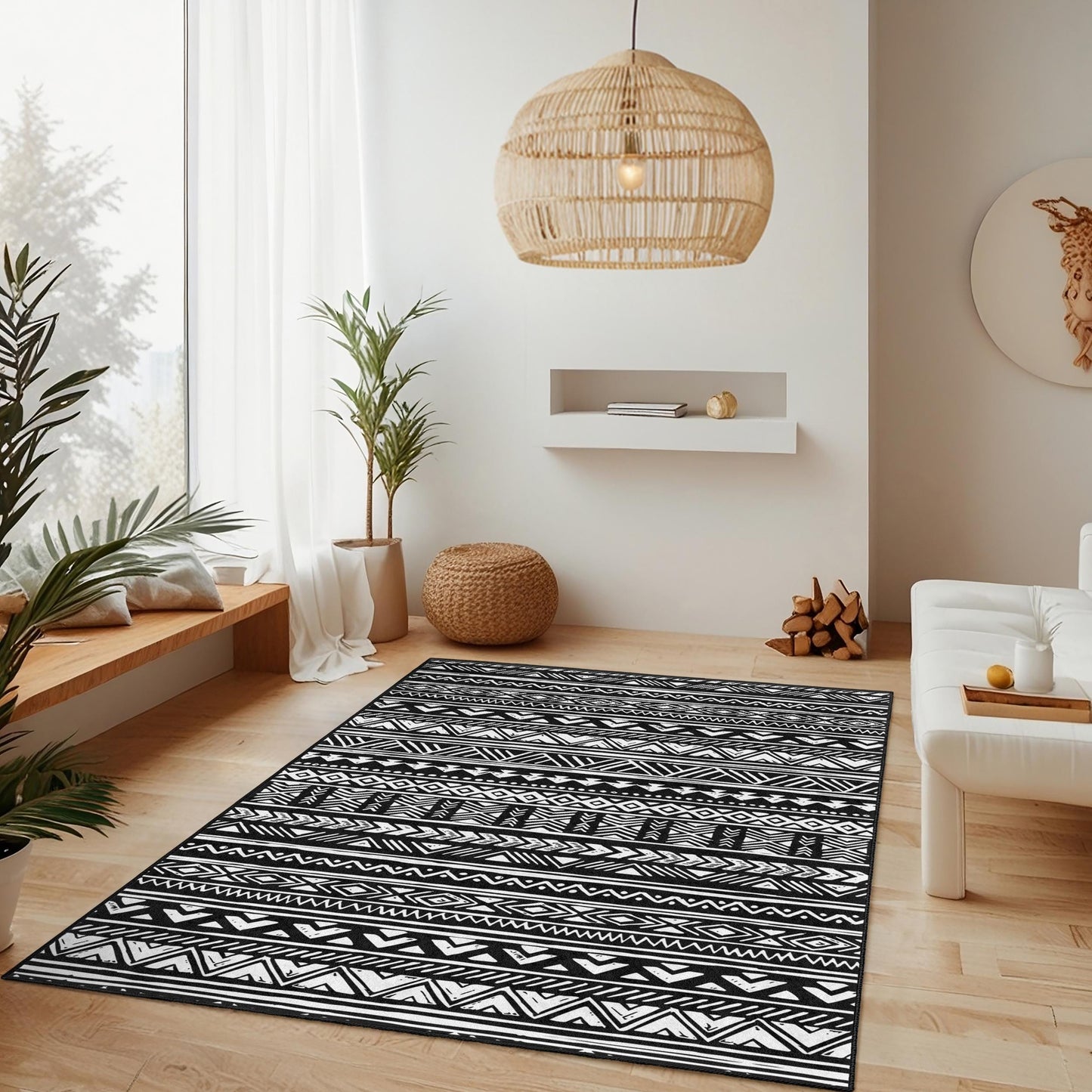 Black and White Geometric Patterned Rectangle Rug, Modern Boho Area Rug, Stylish Living Room Carpet, Decorative Floor Mat