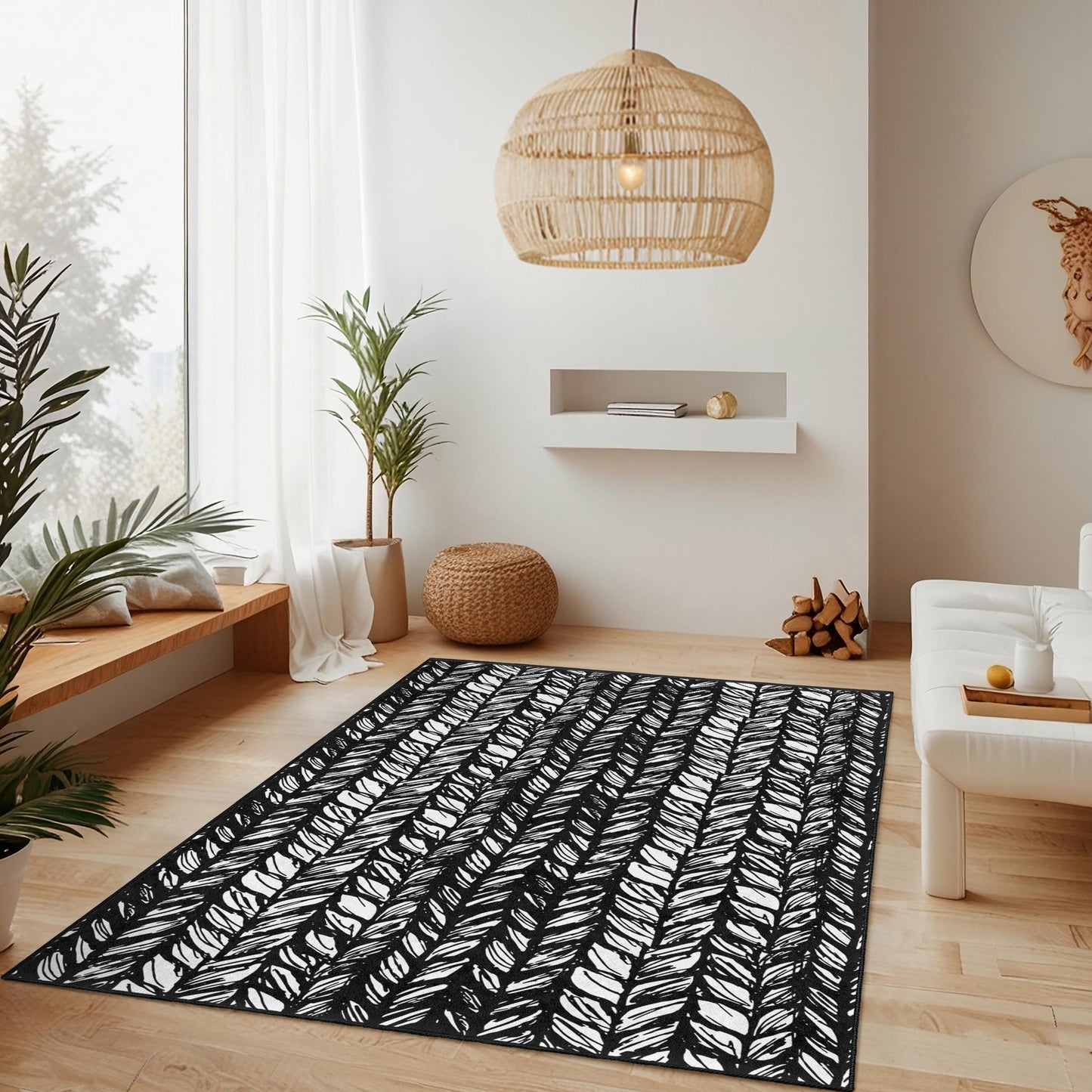 Stylish Black and White Leaf Pattern Rectangular Area Rug, Modern Home Decor Rug, Nature-Inspired Carpet for Living Room