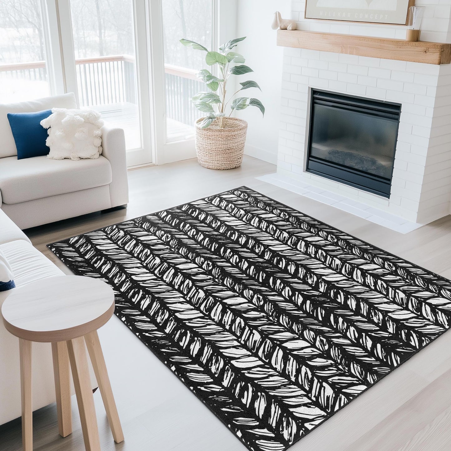 Stylish Black and White Leaf Pattern Rectangular Area Rug, Modern Home Decor Rug, Nature-Inspired Carpet for Living Room