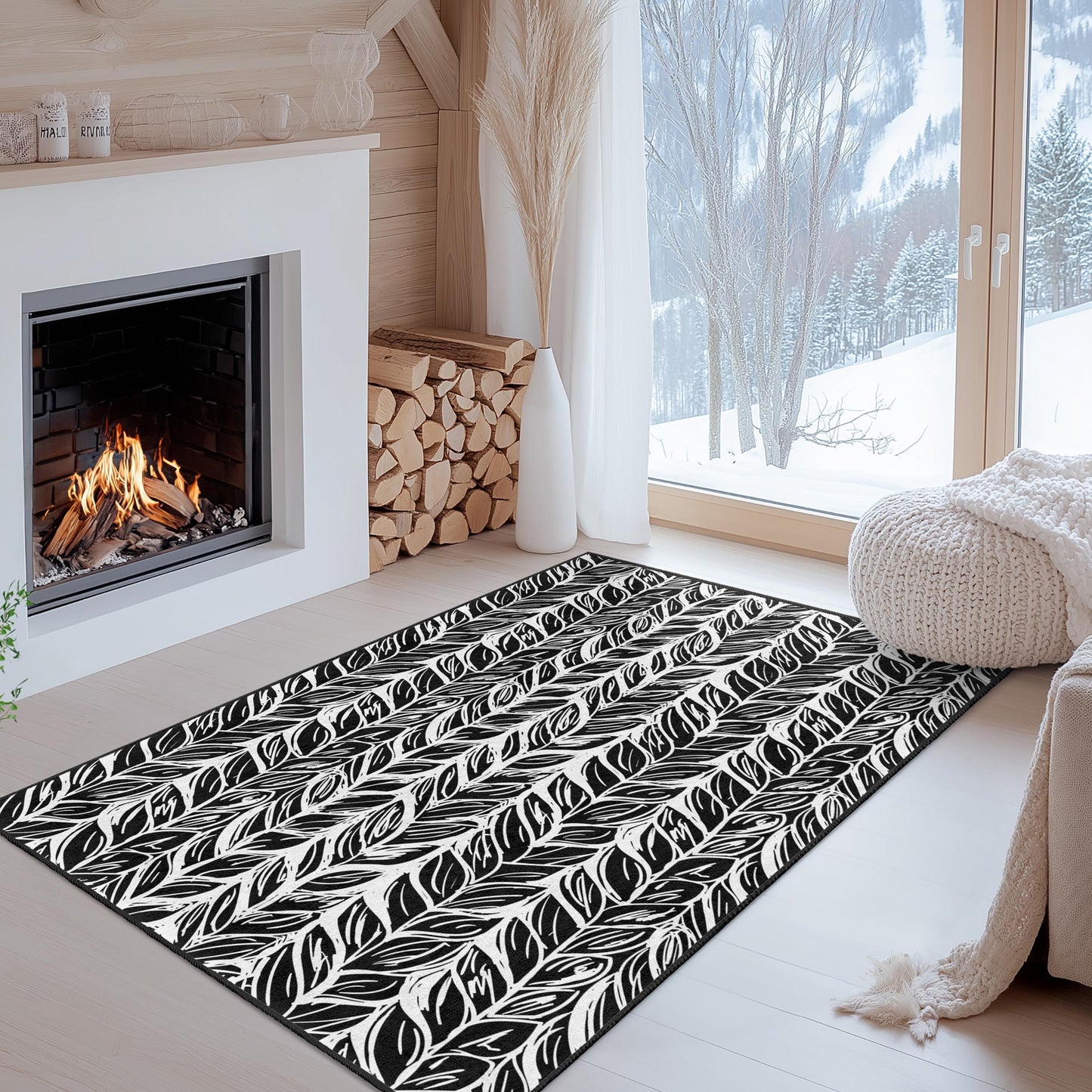Leaf Pattern Rectangular Area Rug, Black and White Leaf Design, Stylish Rug for Living Room, Modern Home Decor, Indoor Carpet