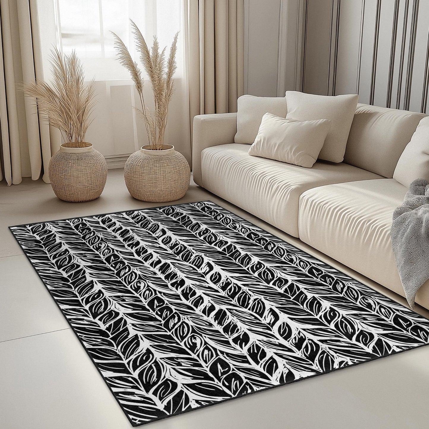 Leaf Pattern Rectangular Area Rug, Black and White Leaf Design, Stylish Rug for Living Room, Modern Home Decor, Indoor Carpet