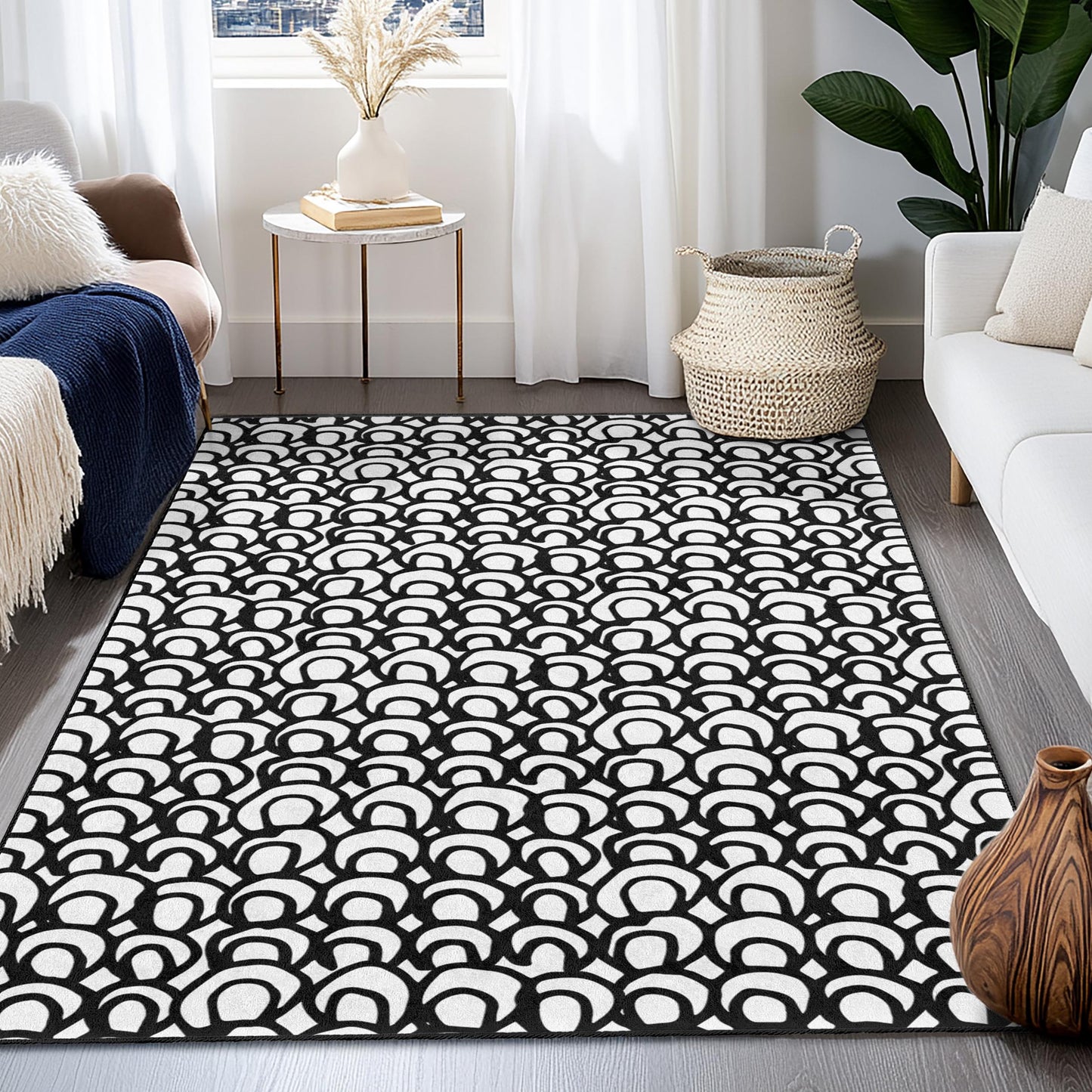 Modern Black and White Abstract Rectangle Rug, Stylish Area Rug for Home Decor, Chic Living Room Carpet, Contemporary Floor Mat