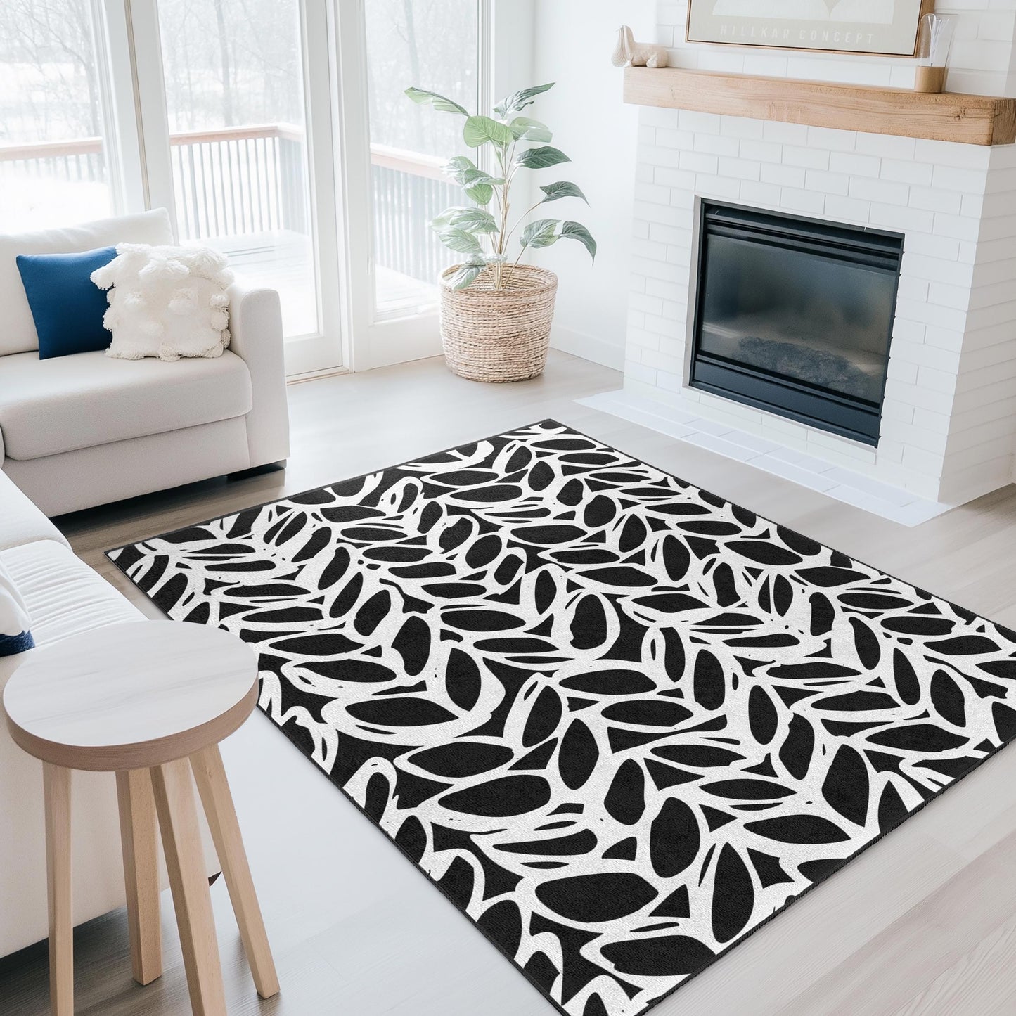 Stylish Black and White Leaf Pattern Rectangular Rug, Modern Home Decor, Area Rug, Living Room Carpet, Indoor Floor Mat