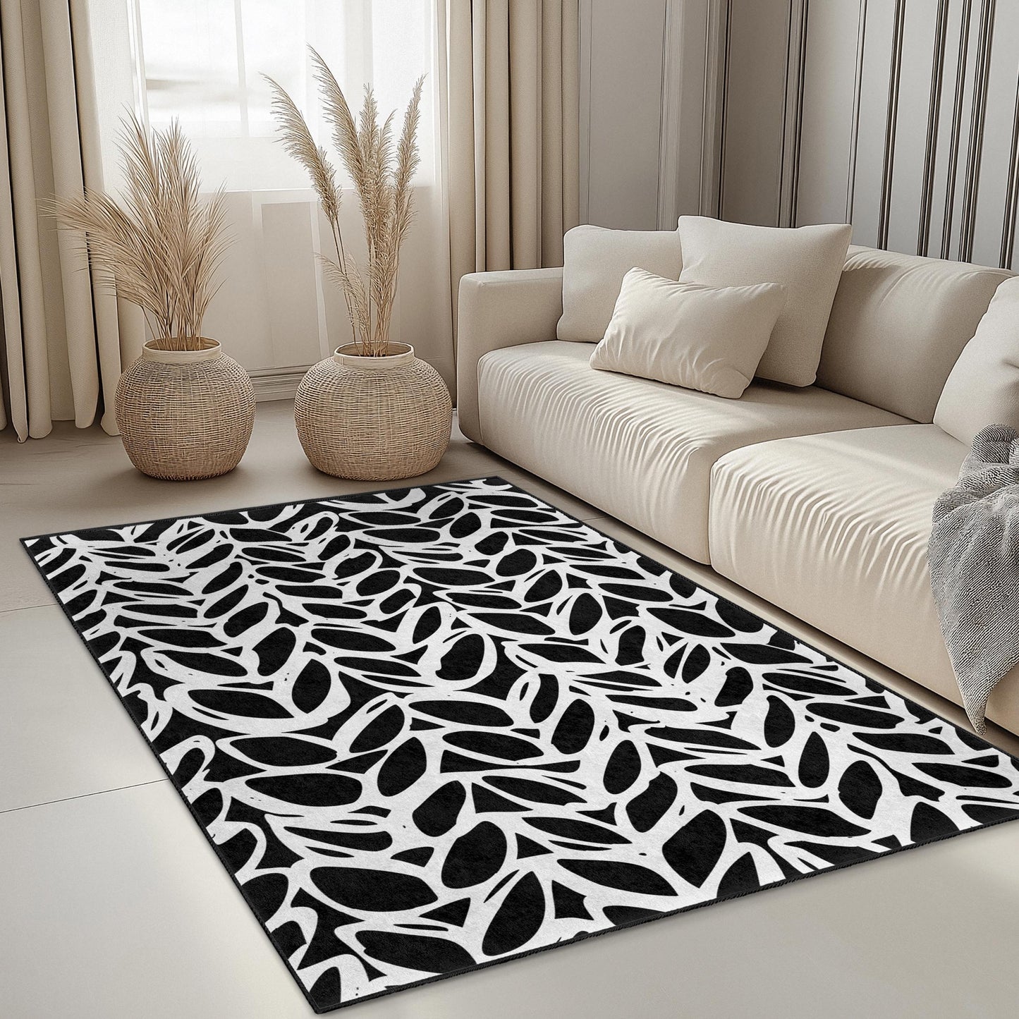 Stylish Black and White Leaf Pattern Rectangular Rug, Modern Home Decor, Area Rug, Living Room Carpet, Indoor Floor Mat