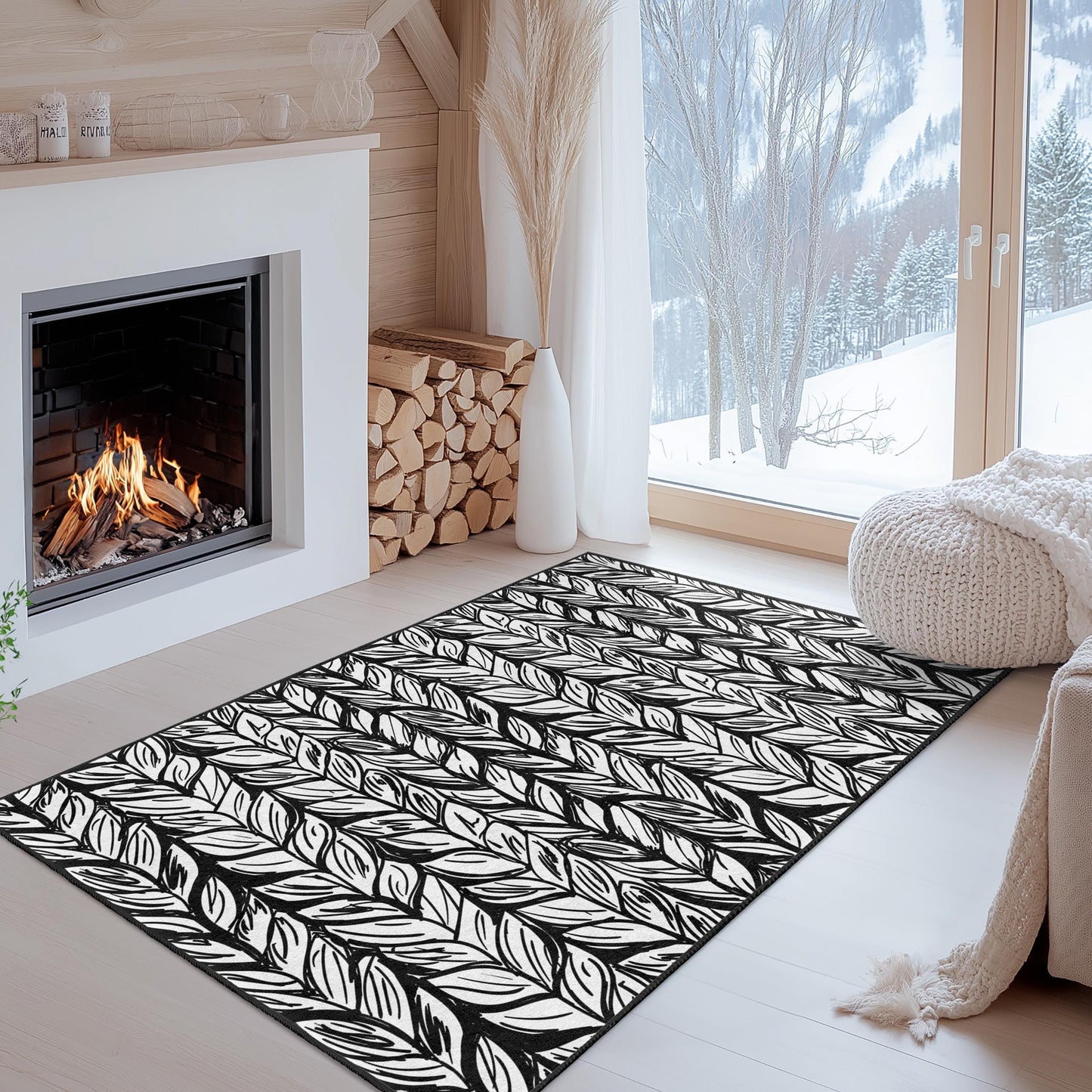 Elegant Black and White Leaf Pattern Rectangular Area Rug, Modern Home Decor, Stylish Carpet for Living Room, Bedroom or Office