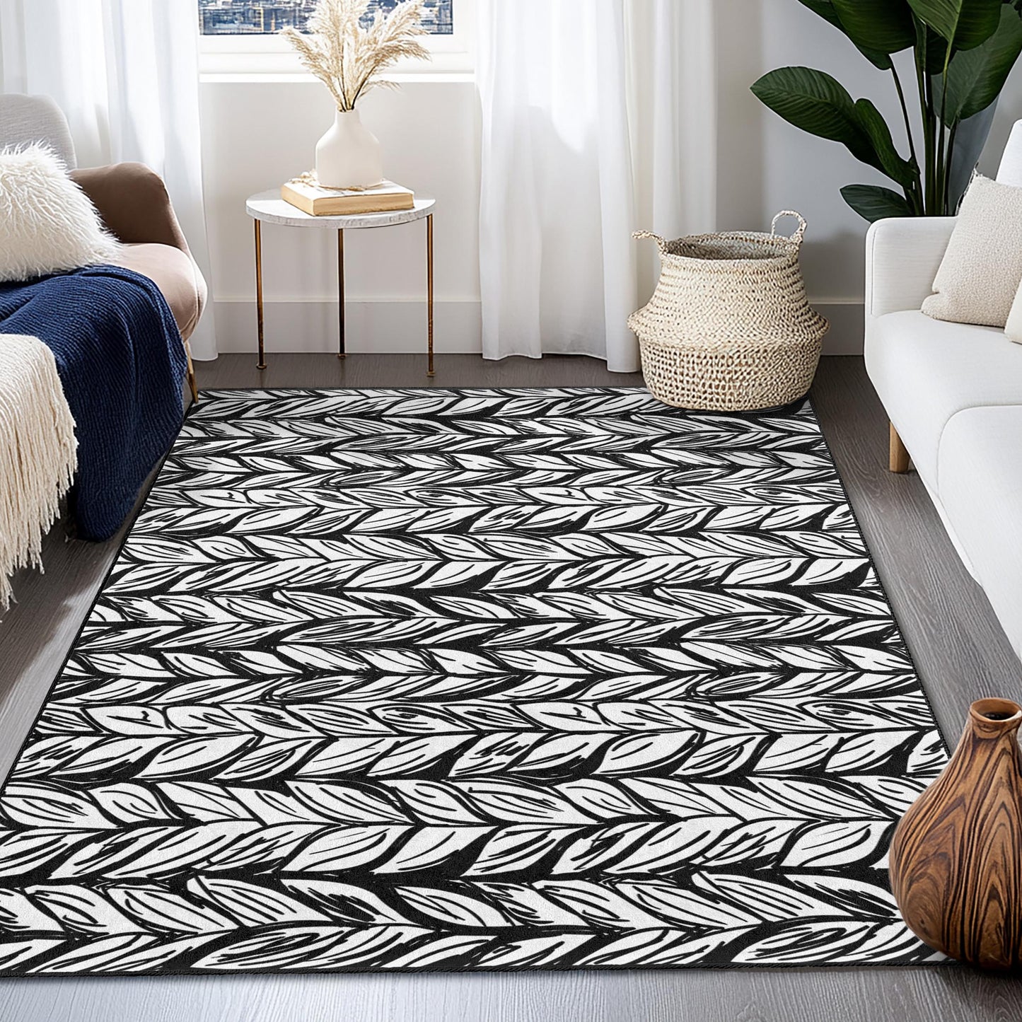 Elegant Black and White Leaf Pattern Rectangular Area Rug, Modern Home Decor, Stylish Carpet for Living Room, Bedroom or Office