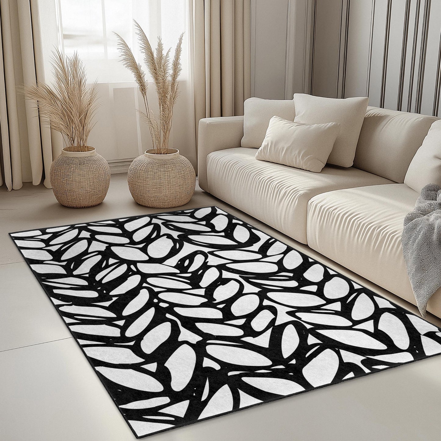 Elegant Black and White Leaf Pattern Rectangular Area Rug, Modern Home Decor, Stylish Living Room Carpet, Chic Bedroom Rug