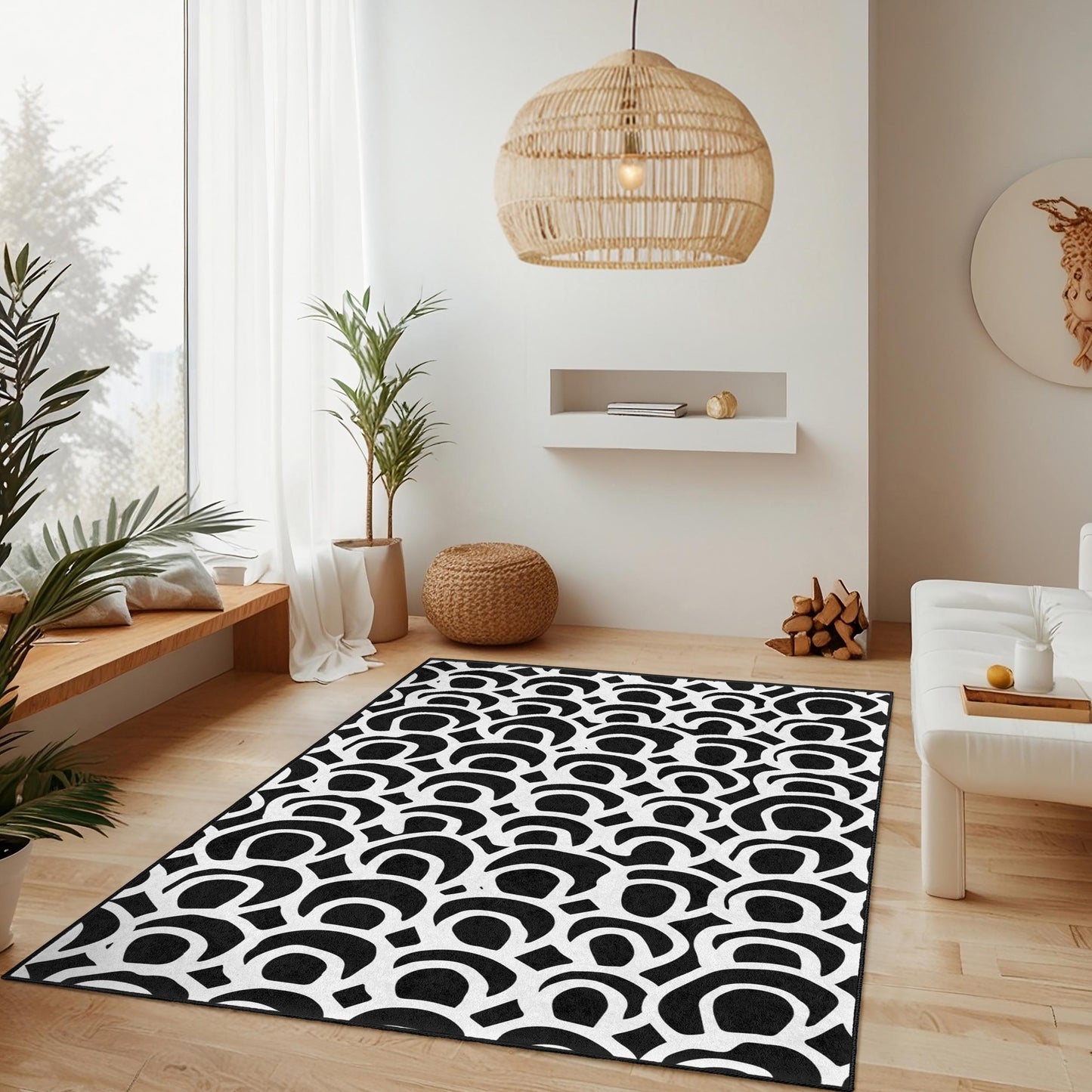 Chic Black and White Patterned Rectangle Rug, Stylish Living Room Carpet, Modern Home Decor, Abstract Rug for Any Room