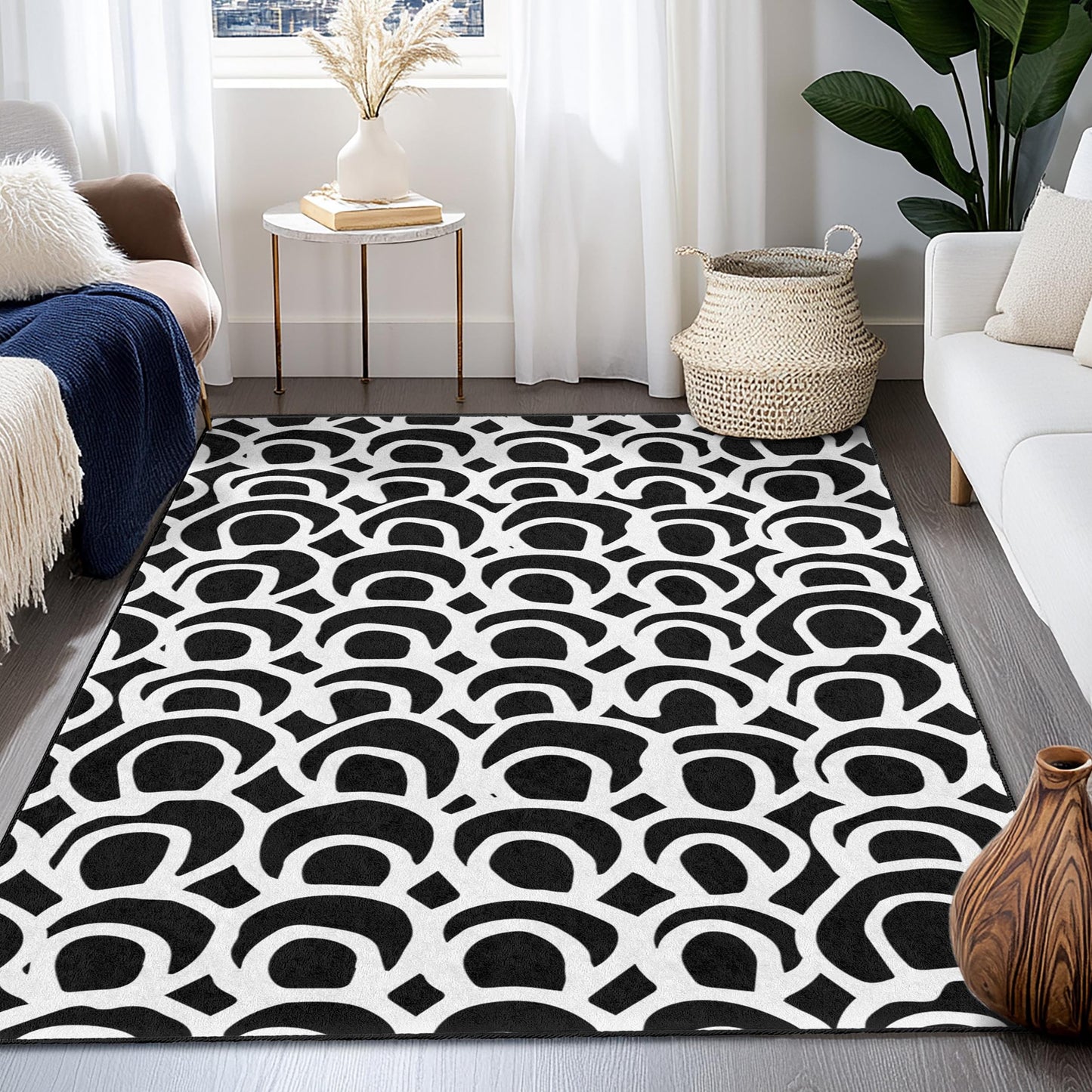 Chic Black and White Patterned Rectangle Rug, Stylish Living Room Carpet, Modern Home Decor, Abstract Rug for Any Room