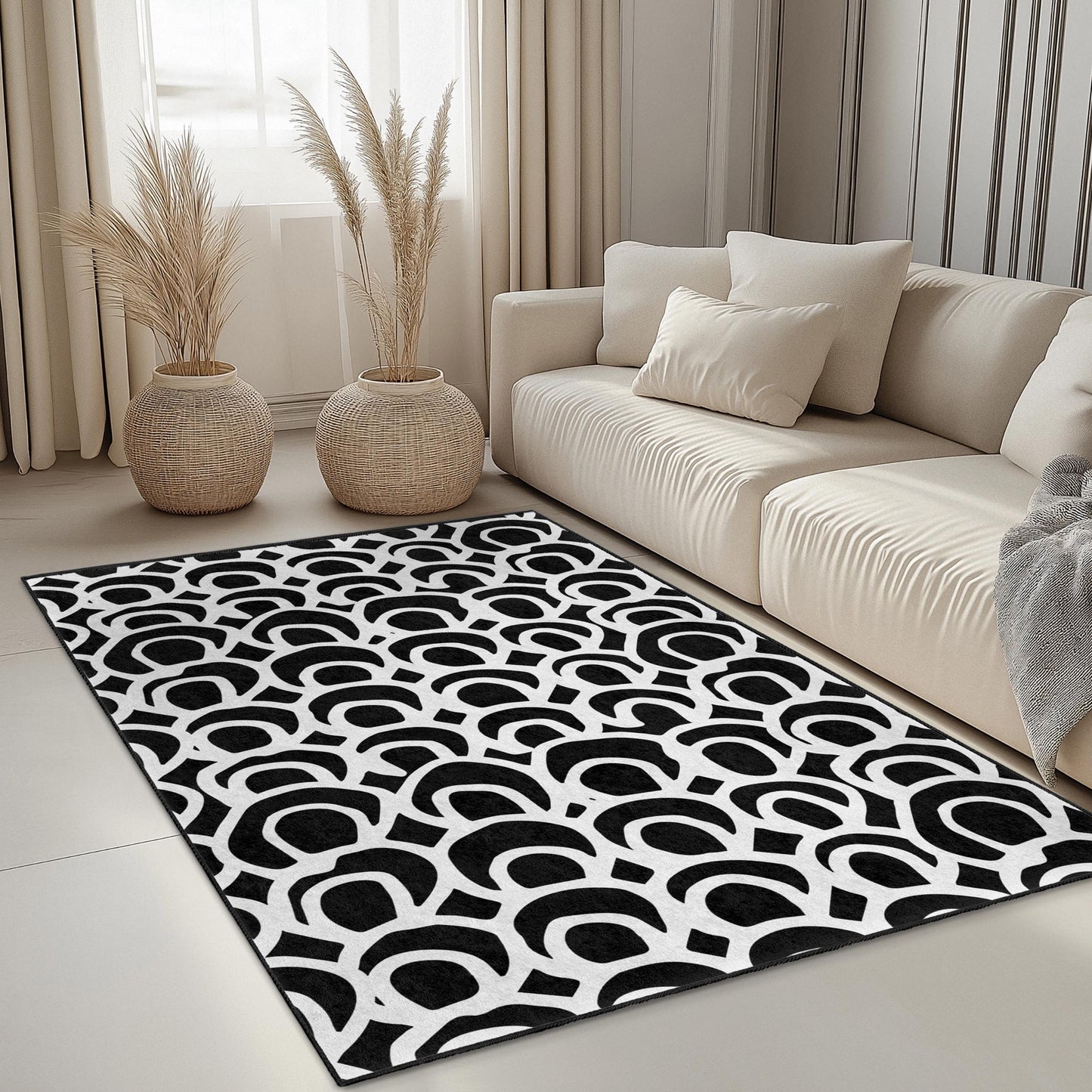 Chic Black and White Patterned Rectangle Rug, Stylish Living Room Carpet, Modern Home Decor, Abstract Rug for Any Room