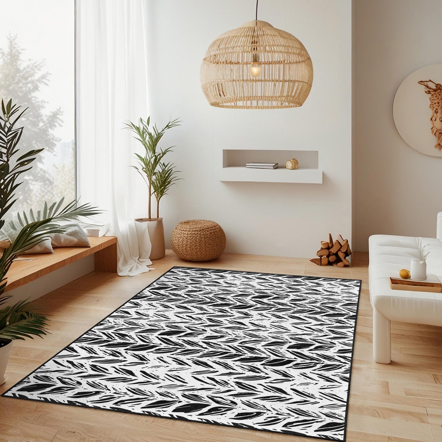 Stylish Black and White Leaf Pattern Rectangular Rug, Modern Home Decor Rug, Area Rug for Living Room and Bedroom