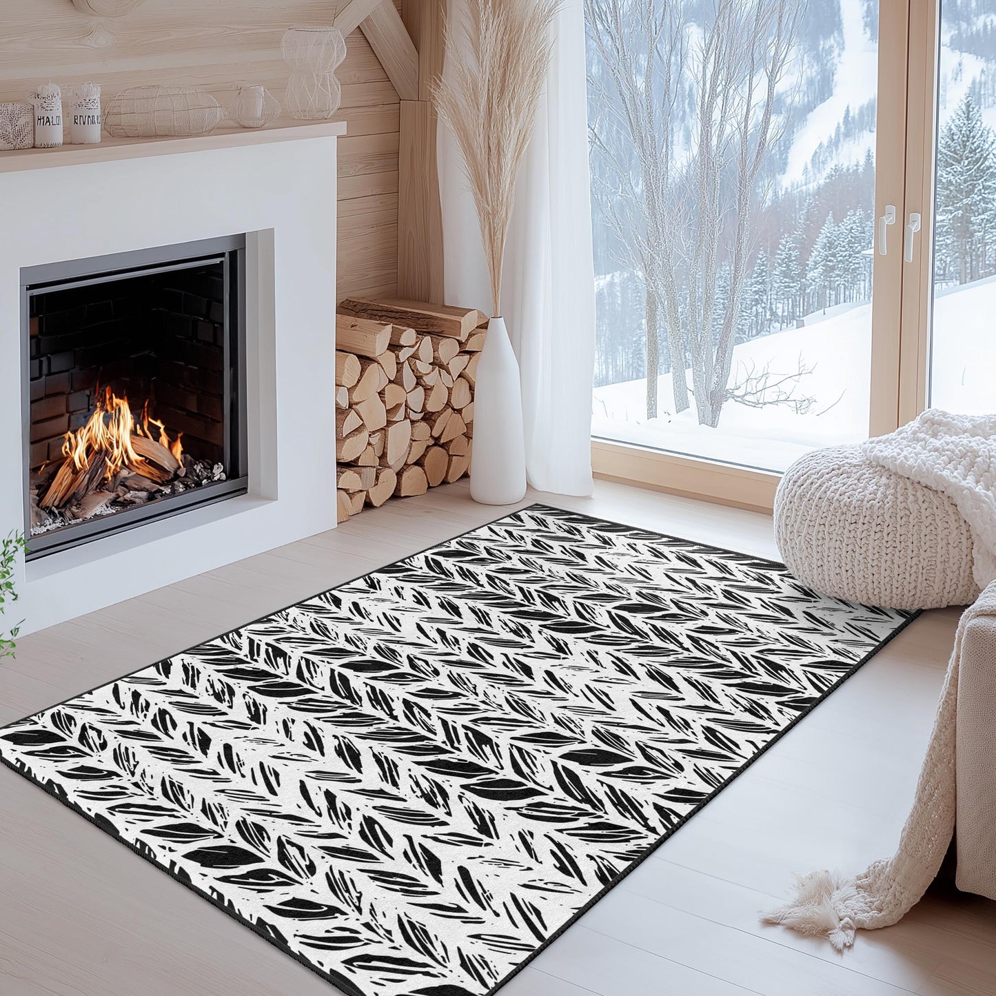 Stylish Black and White Leaf Pattern Rectangular Rug, Modern Home Decor Rug, Area Rug for Living Room and Bedroom