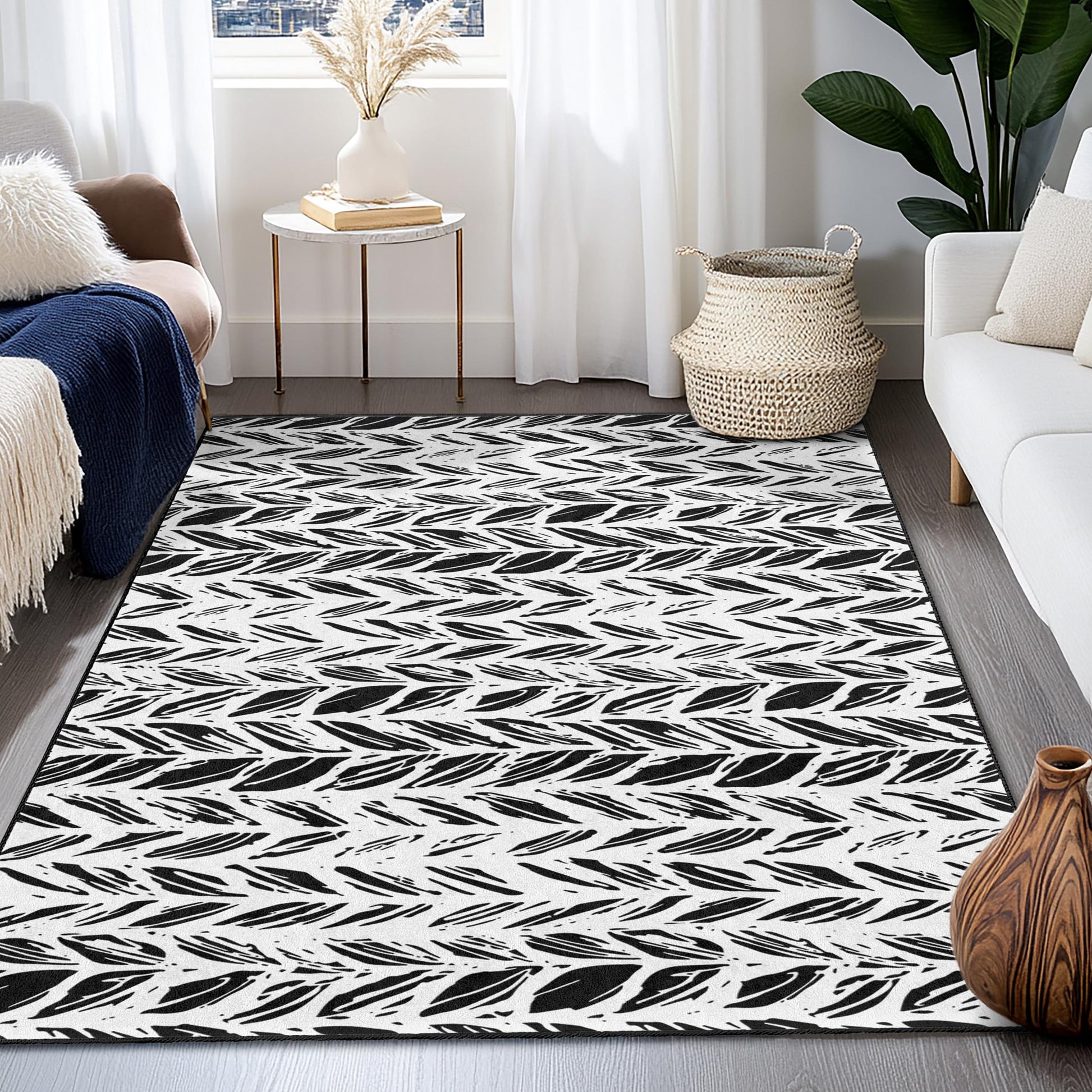 Stylish Black and White Leaf Pattern Rectangular Rug, Modern Home Decor Rug, Area Rug for Living Room and Bedroom