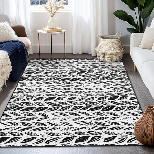 Stylish Black and White Leaf Pattern Rectangular Rug, Modern Home Decor Rug, Area Rug for Living Room and Bedroom