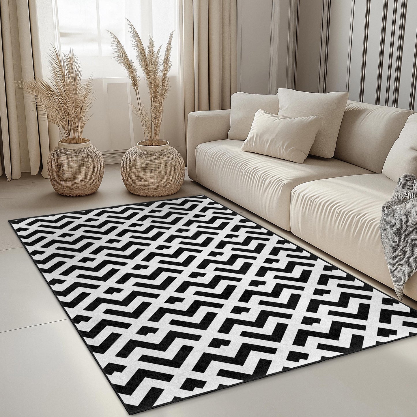 Modern Geometric Black and White Area Rug, Rectangular Living Room Rug, Stylish Home Dcor, Chic Geometric Carpet, Contemporary Floor Mat
