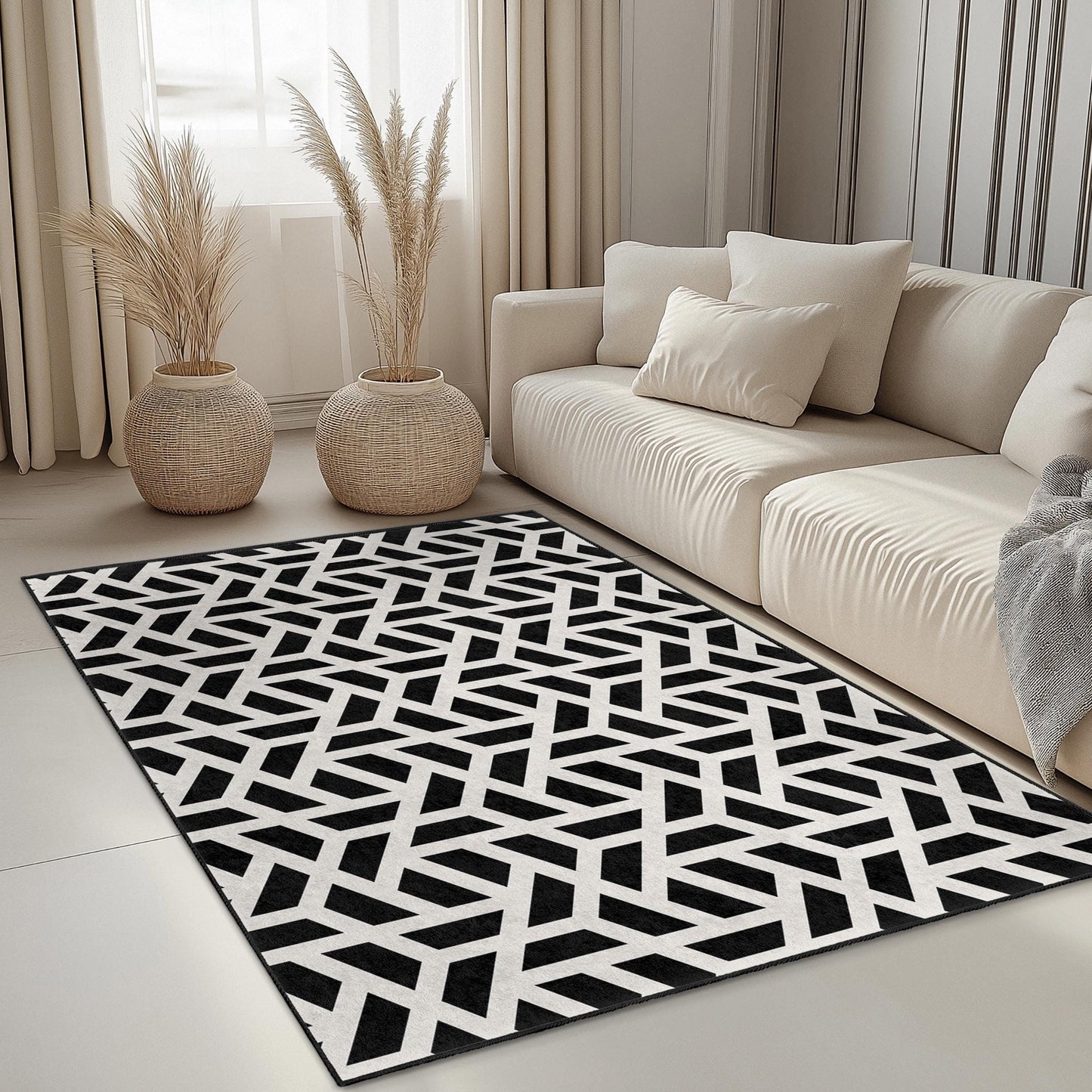 Geometric Black and White Rectangular Rug, Modern Patterned Area Rug, Stylish Home Decor, Living Room Carpet, Bedroom Rug