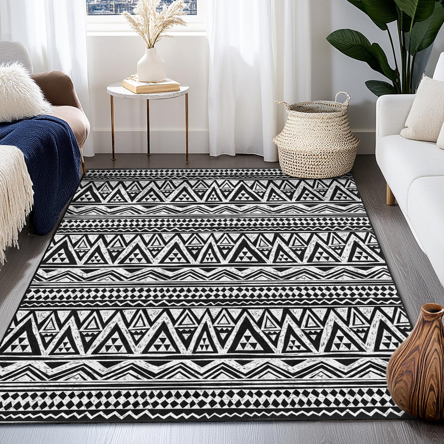 Geometric Black and White Rectangular Area Rug, Modern Pattern Rug, Bohemian Style Carpet, Living Room Decor, Stylish Floor Mat