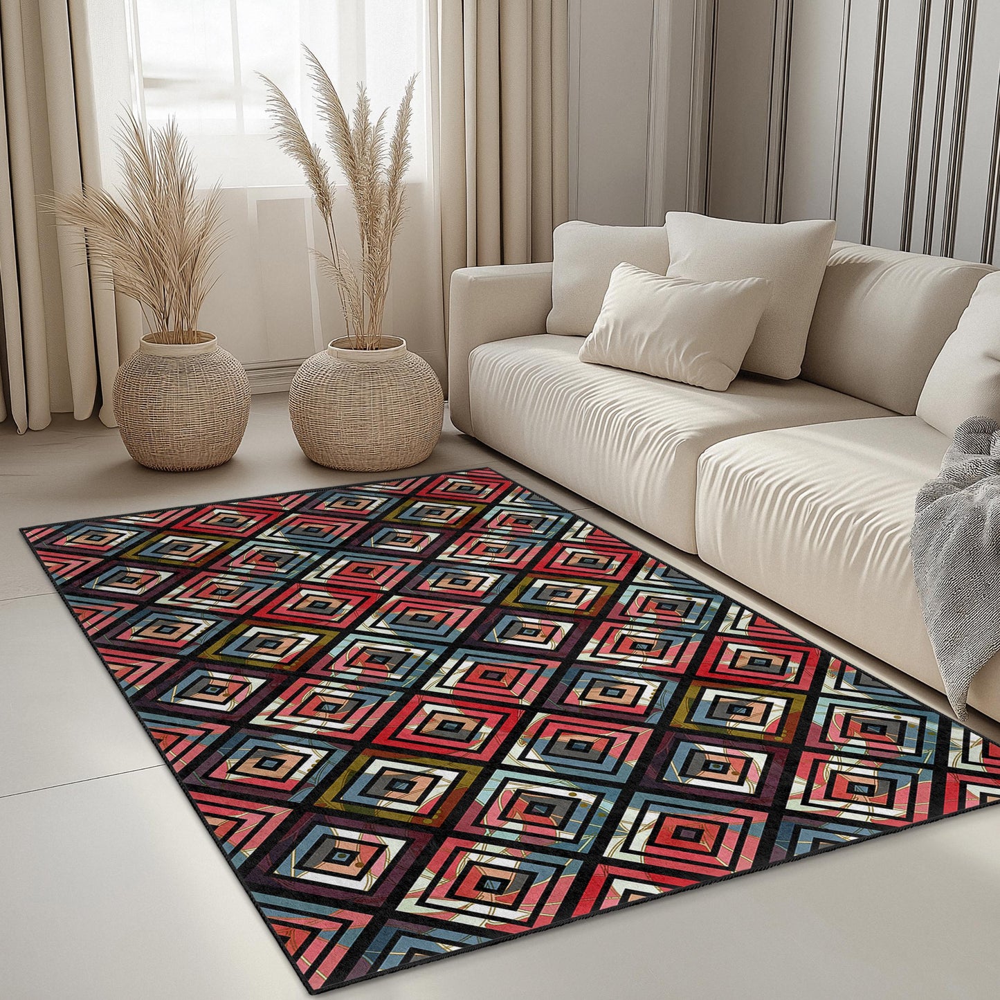 Geometric Patterned Rectangular Area Rug, Modern Diamond Design Carpet, Stylish Living Room Rug, Home Decor, Bedroom Rug