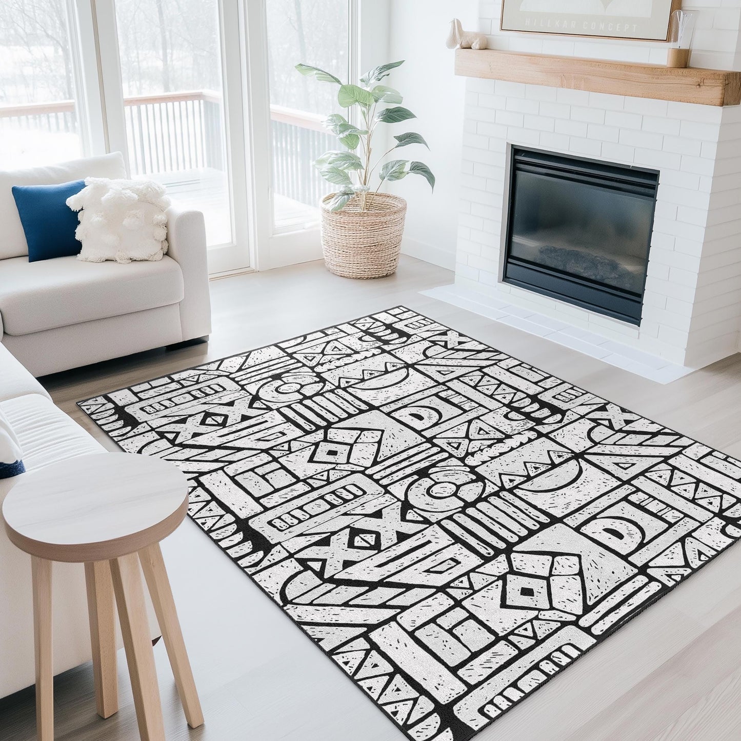 Geometric Patterned Rectangle Rug, Modern Black and White Area Rug, Stylish Living Room Carpet, Unique Home Decor, Contemporary Design