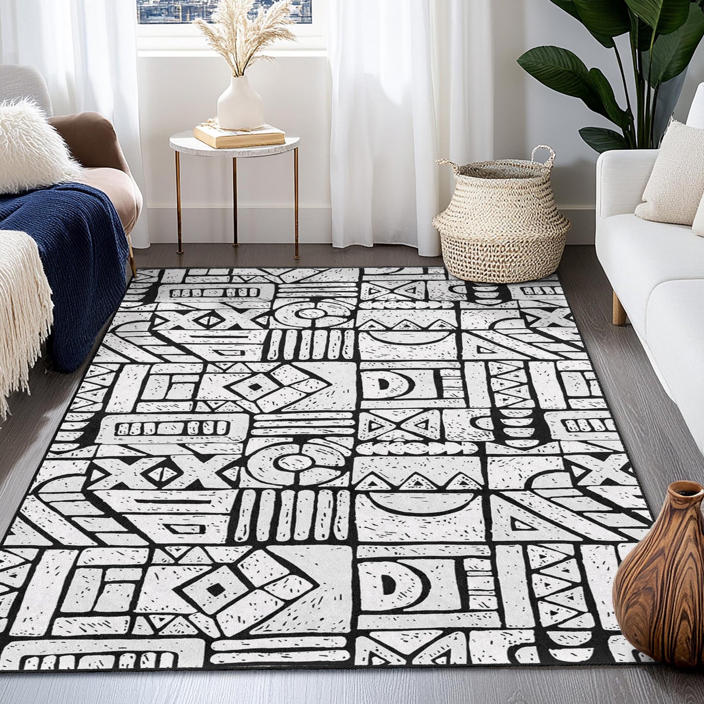 Geometric Patterned Rectangle Rug, Modern Black and White Area Rug, Stylish Living Room Carpet, Unique Home Decor, Contemporary Design