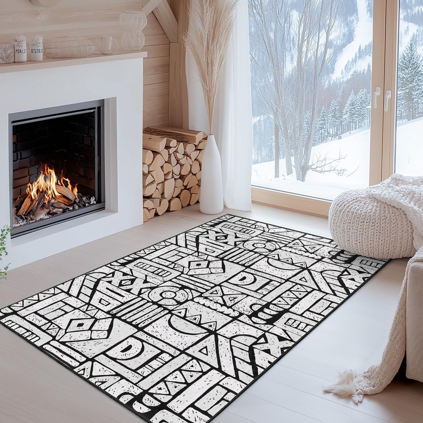 Geometric Patterned Rectangle Rug, Modern Black and White Area Rug, Stylish Living Room Carpet, Unique Home Decor, Contemporary Design