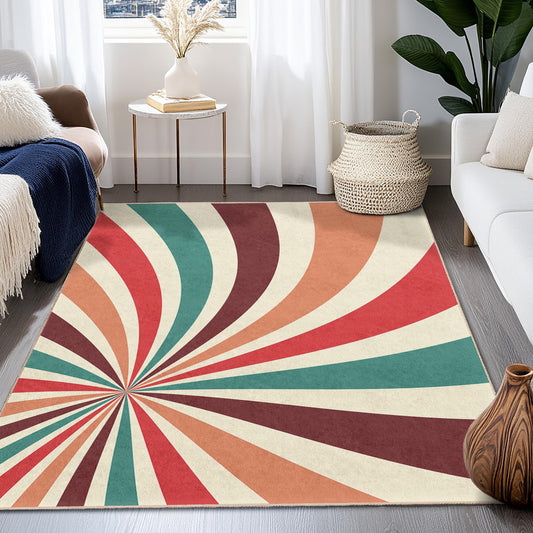 Vintage Swirl Pattern Rectangular Area Rug, Bohemian Style Carpet for Living Room, Colorful Retro Rug for Home Decor