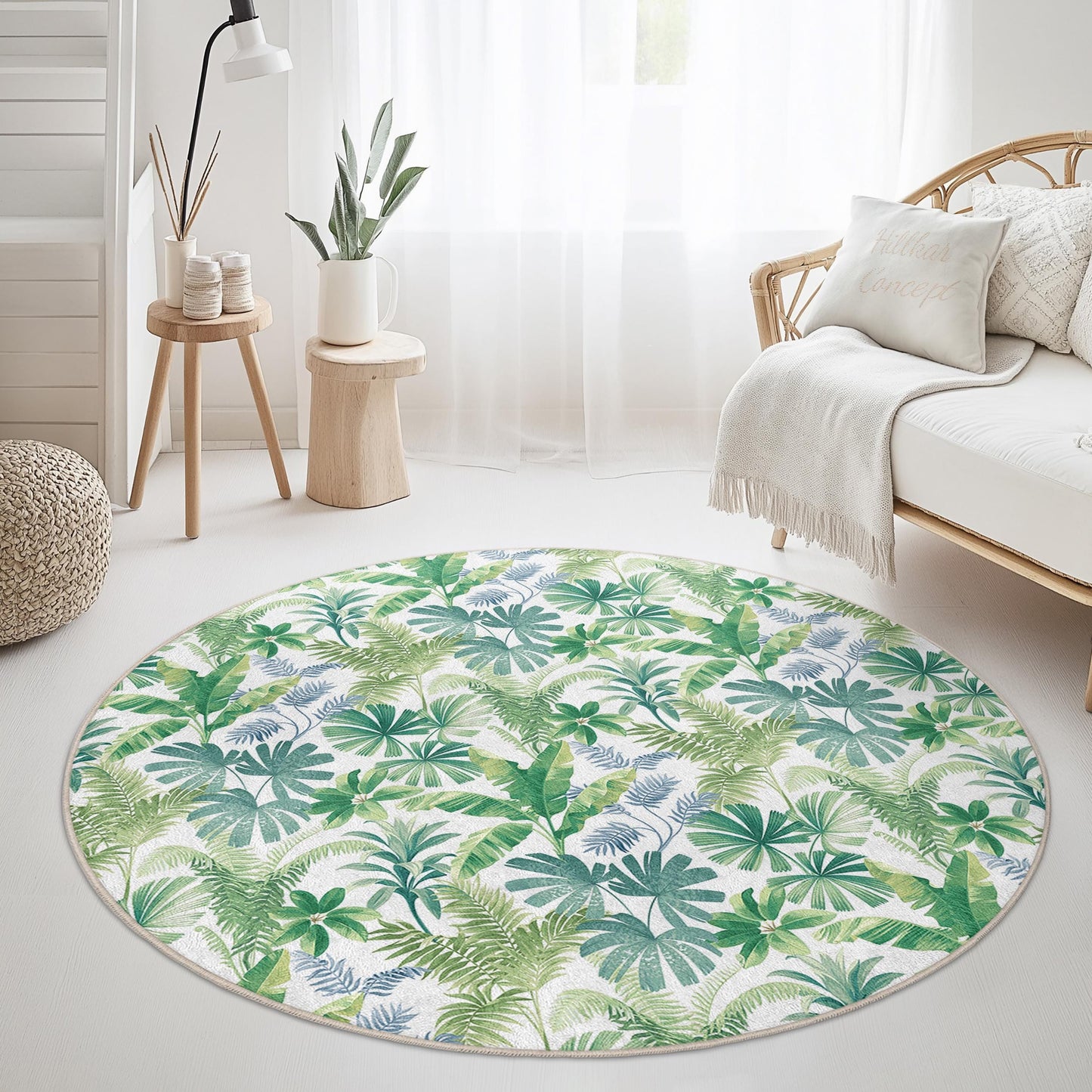 Tropical Leaf Round Area Rug, Bohemian Green Carpet, Floral Living Room Decor, Round Carpet for Home, Nature-Inspired Floor Mat
