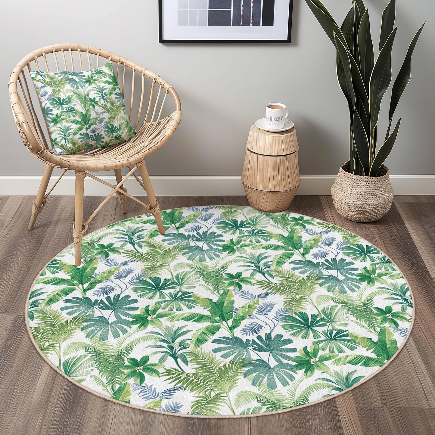 Tropical Leaf Round Area Rug, Bohemian Green Carpet, Floral Living Room Decor, Round Carpet for Home, Nature-Inspired Floor Mat