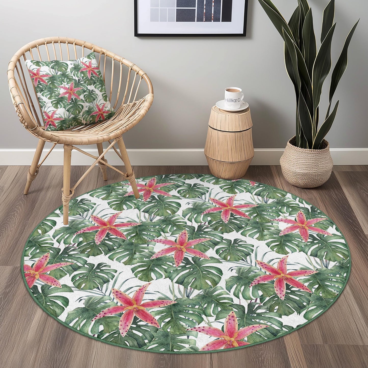 Tropical Floral Round Area Rug, Monstera Leaf Carpet, Botanical Round Rug, Living Room Decor, Boho Chic Floor Mat, Nature Inspired Rug
