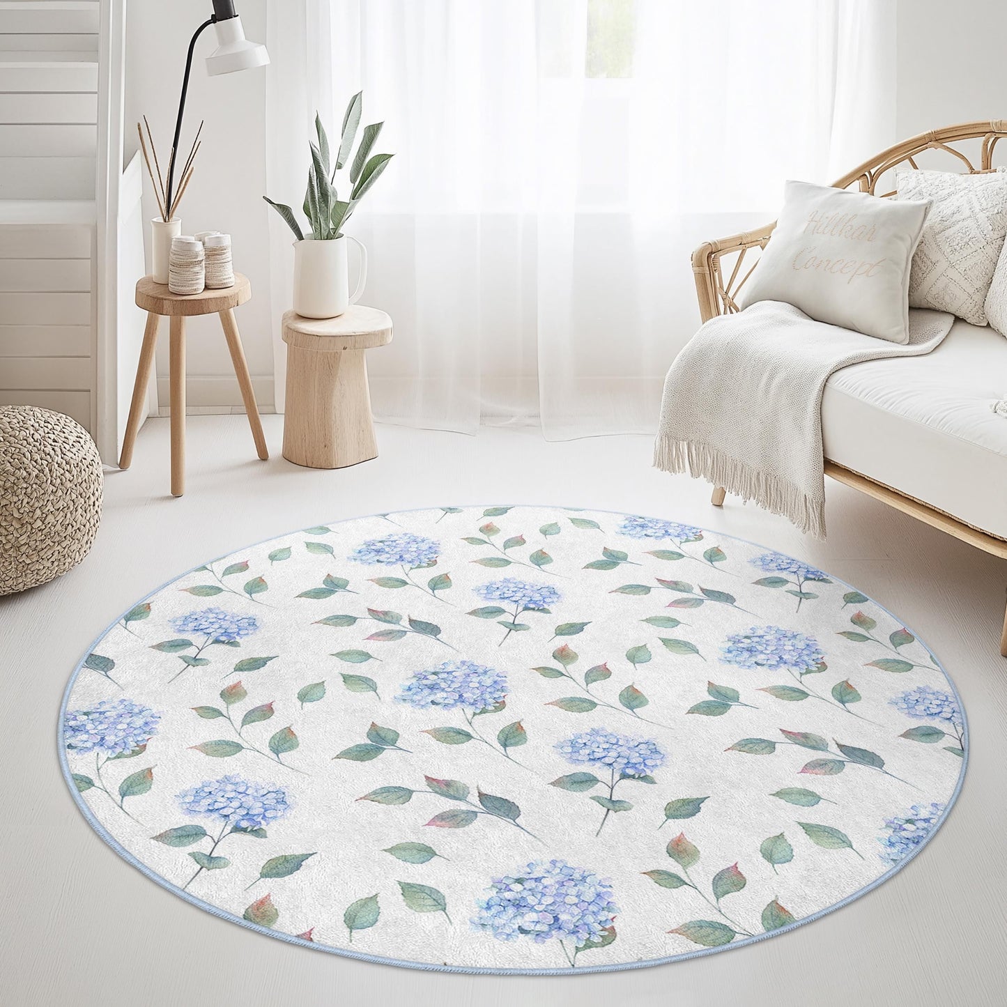 Elegant Floral Round Area Rug, Blue Hydrangea Design, Soft Living Room Carpet, Round Decorative Rug, Home Decor Accent