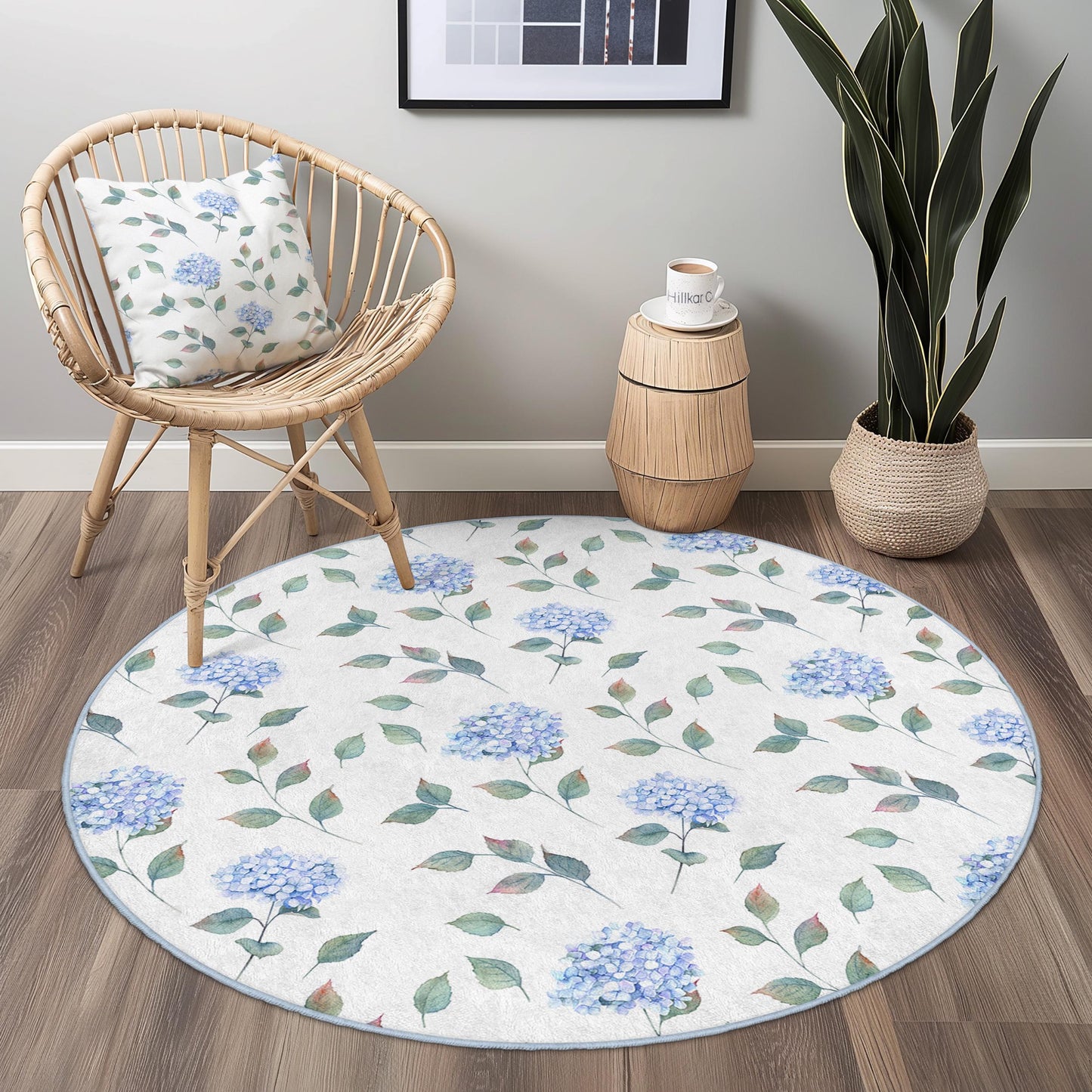 Elegant Floral Round Area Rug, Blue Hydrangea Design, Soft Living Room Carpet, Round Decorative Rug, Home Decor Accent