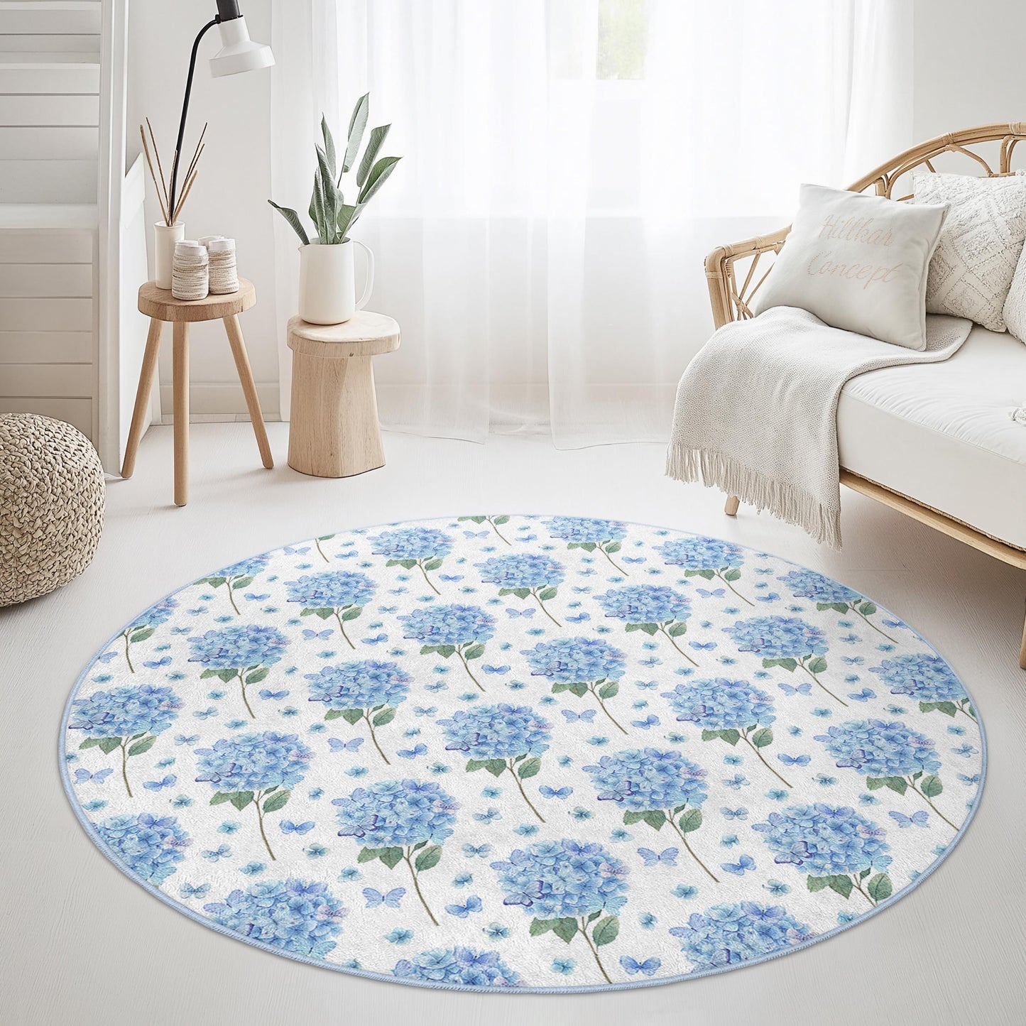 Beautiful Floral Round Area Rug, Blue Hydrangea Pattern, Round Living Room Carpet, Elegant Home Decor, Butterfly Design Rug