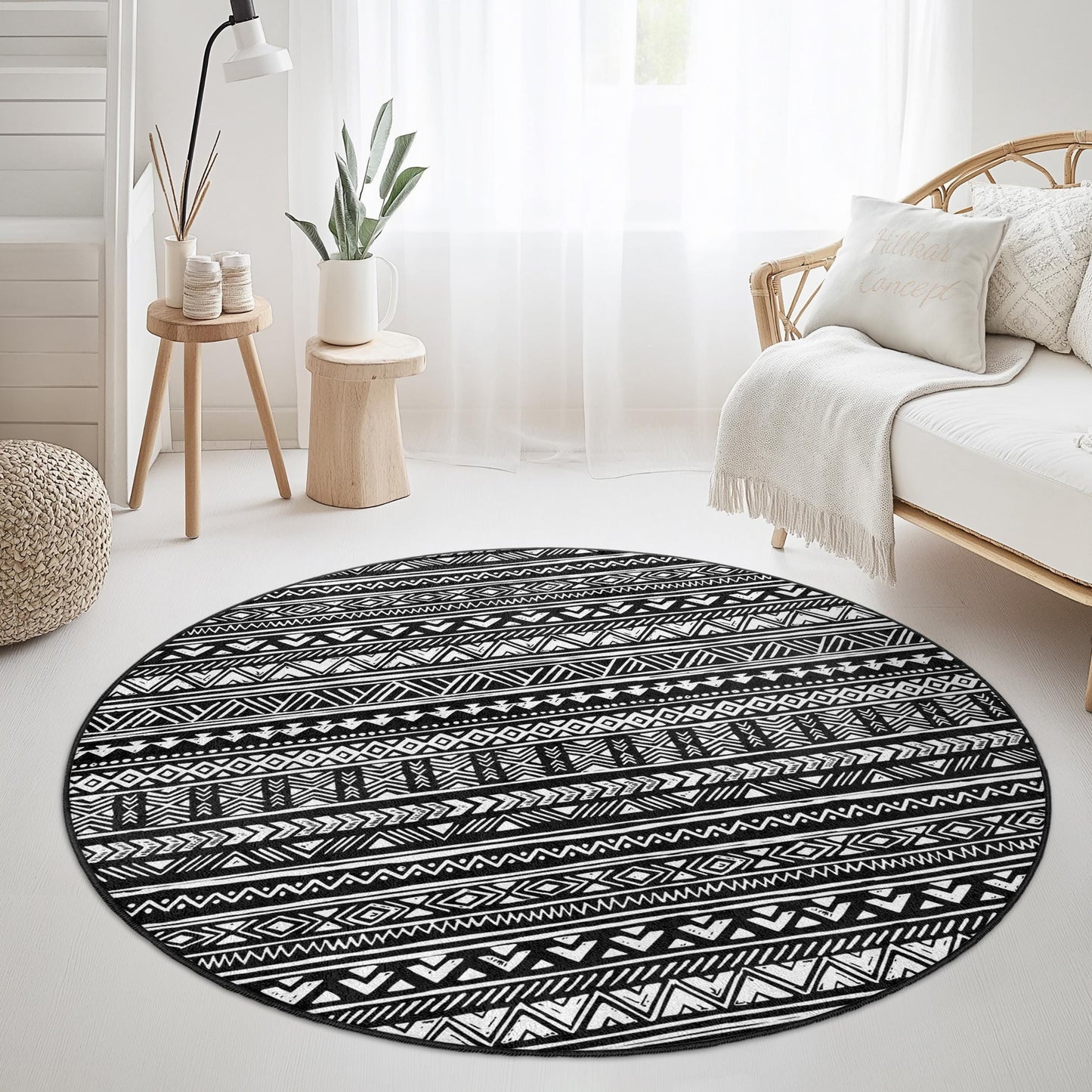 Tribal Pattern Round Area Rug, Black and White Geometric Round Carpet, Boho Chic Round Rug for Living Room, Modern Home Decor