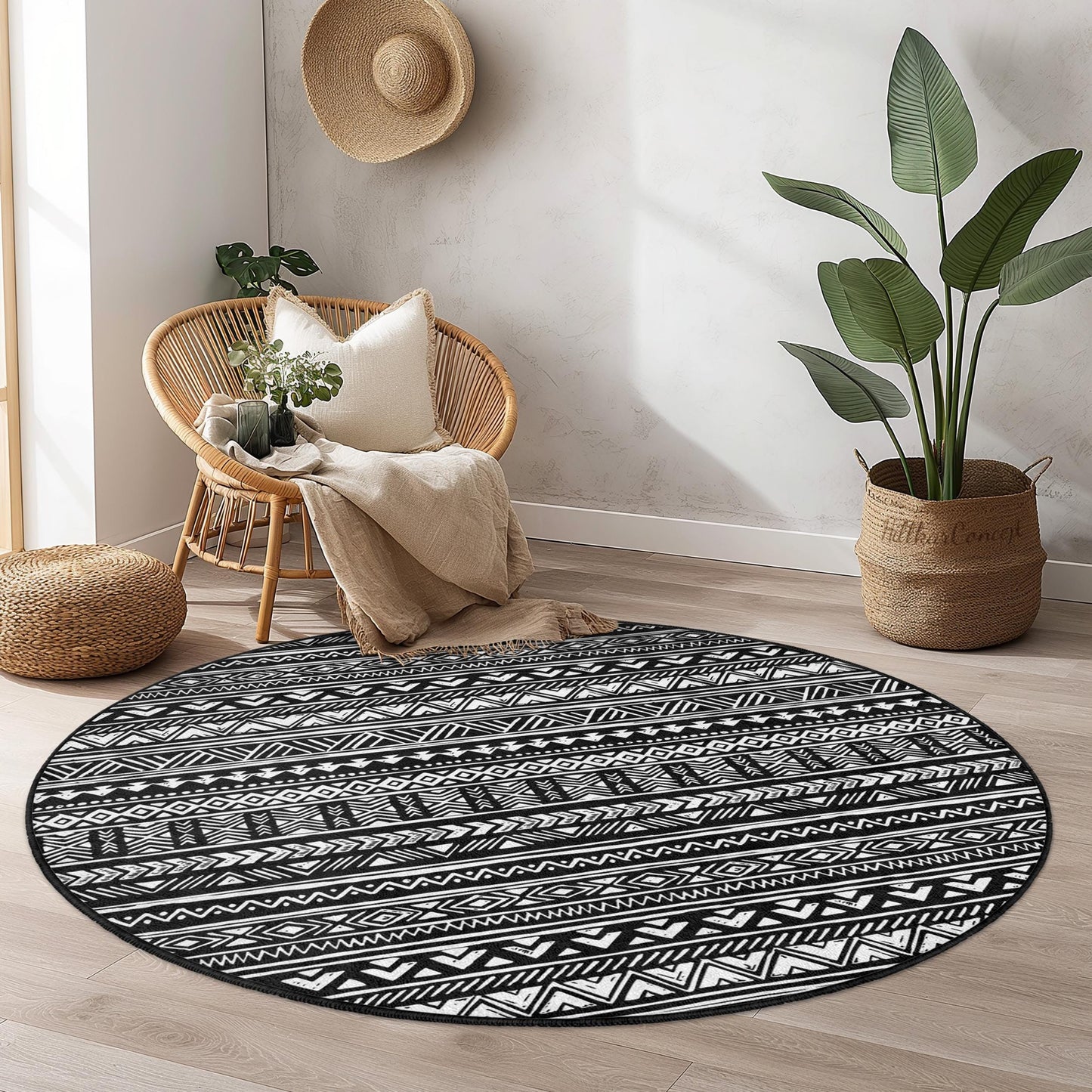 Tribal Pattern Round Area Rug, Black and White Geometric Round Carpet, Boho Chic Round Rug for Living Room, Modern Home Decor