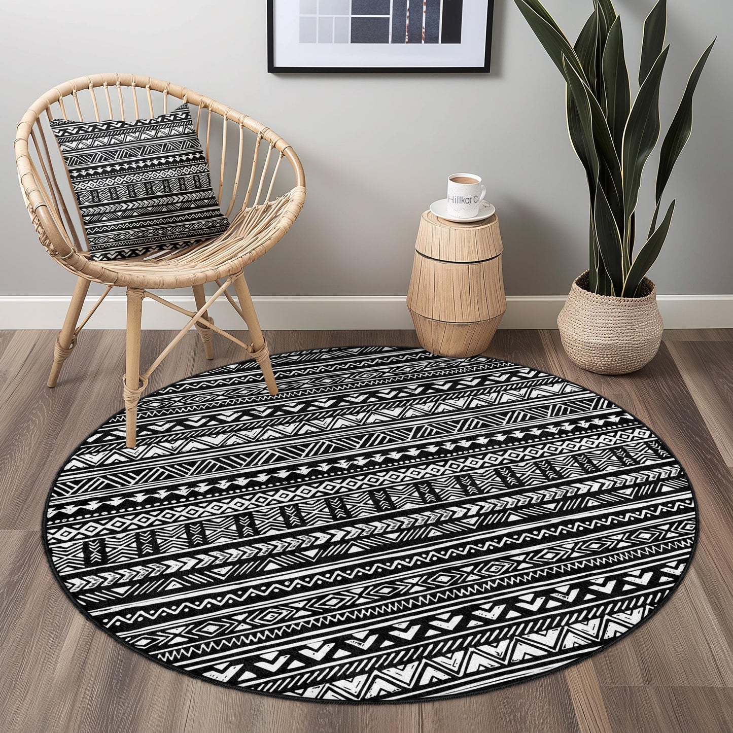 Tribal Pattern Round Area Rug, Black and White Geometric Round Carpet, Boho Chic Round Rug for Living Room, Modern Home Decor