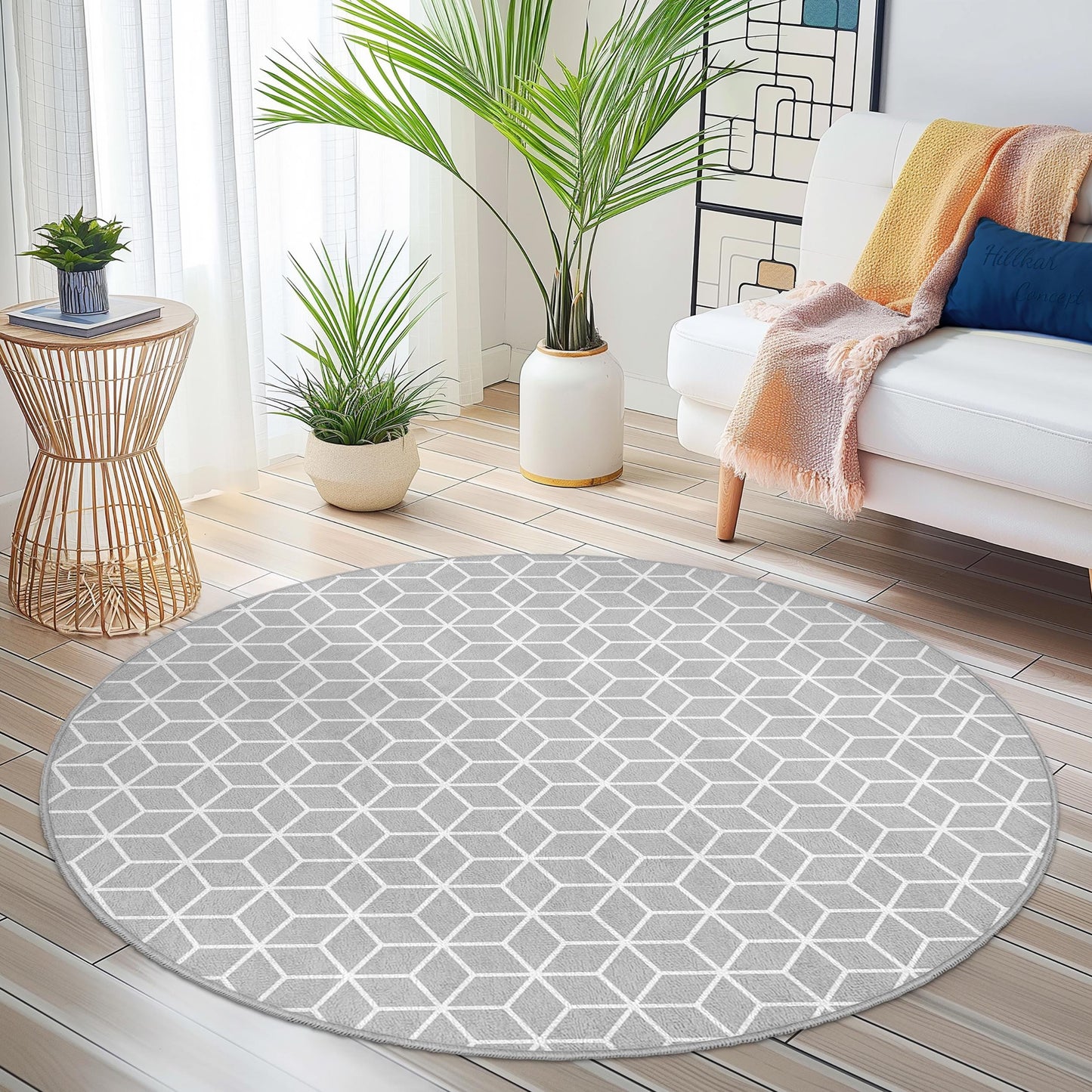 Geometric Round Area Rug, Stylish Grey Honeycomb Pattern Carpet, Modern Home Decor, Round Rug for Living Room, Bedroom, Office