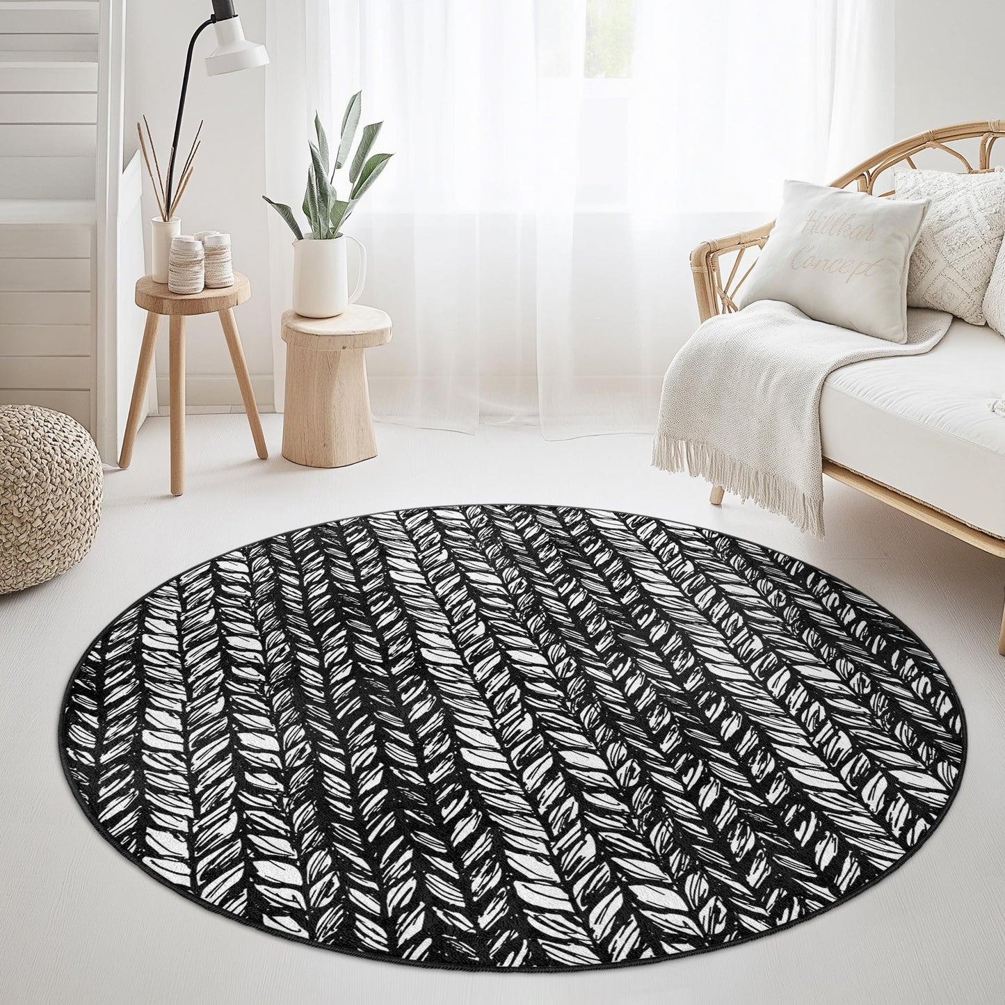 Leaf Pattern Round Area Rug, Black and White Leaf Design, Modern Round Carpet, Stylish Home Decor, Living Room Rug, Indoor Round Rug