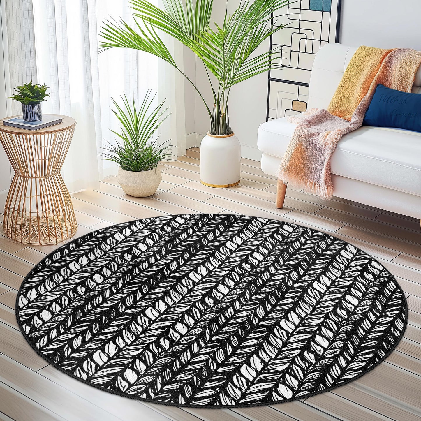 Leaf Pattern Round Area Rug, Black and White Leaf Design, Modern Round Carpet, Stylish Home Decor, Living Room Rug, Indoor Round Rug