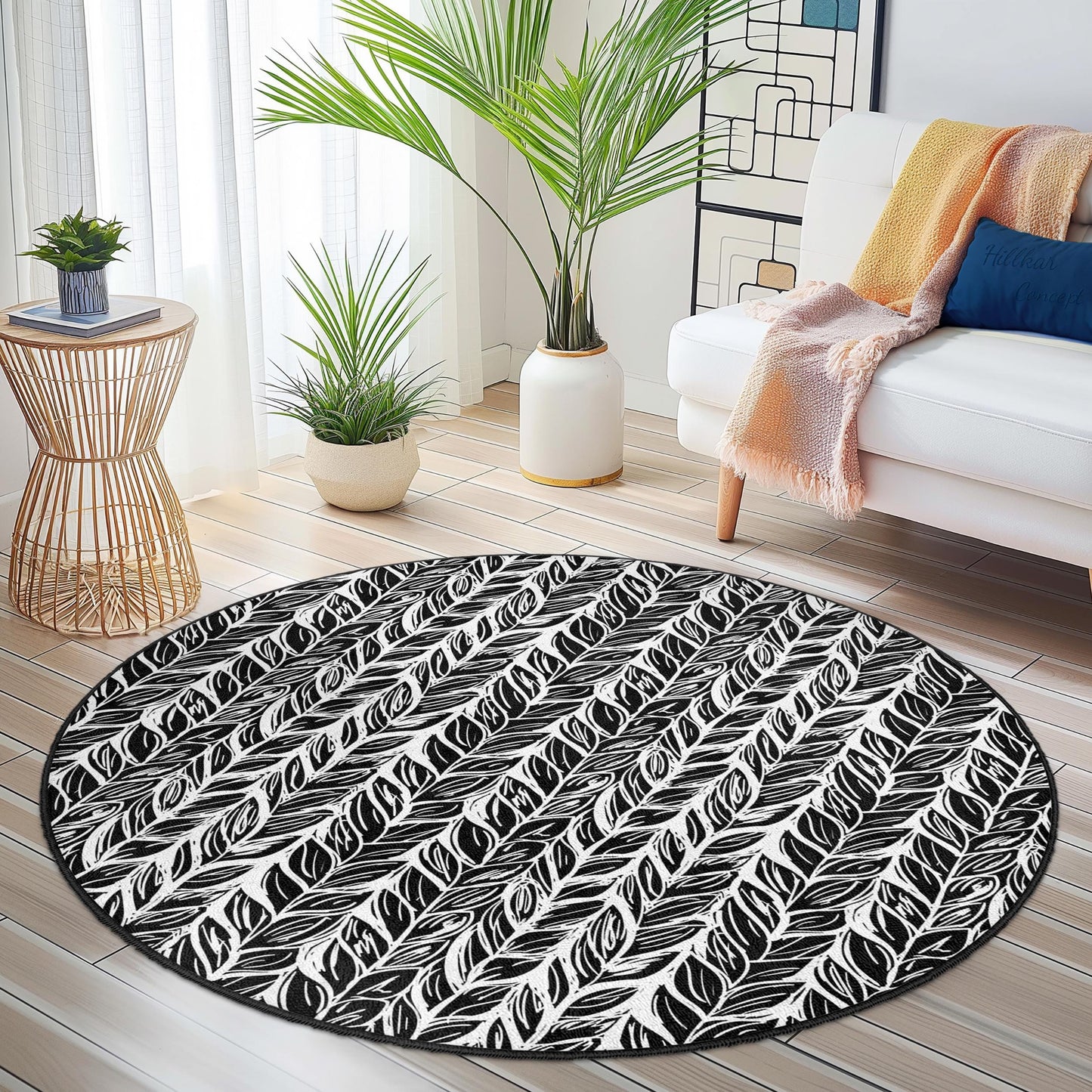 Elegant Leaf Pattern Round Area Rug, Modern Black and White Round Carpet, Decorative Round Rug for Living Room, Bedroom, Home Decor