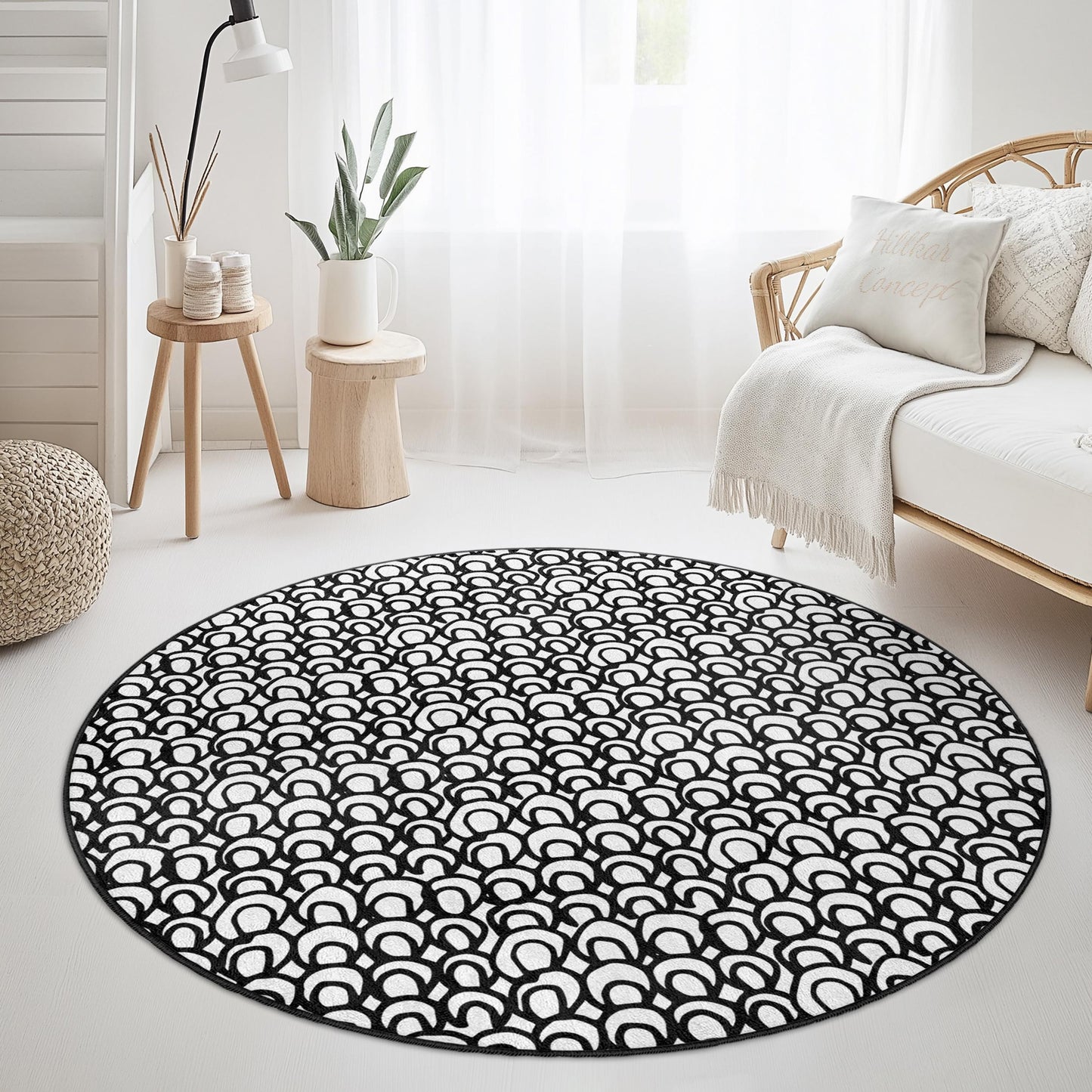 Elegant Geometric Round Area Rug, Modern Black and White Round Carpet, Stylish Home Decor, Contemporary Living Room Rug