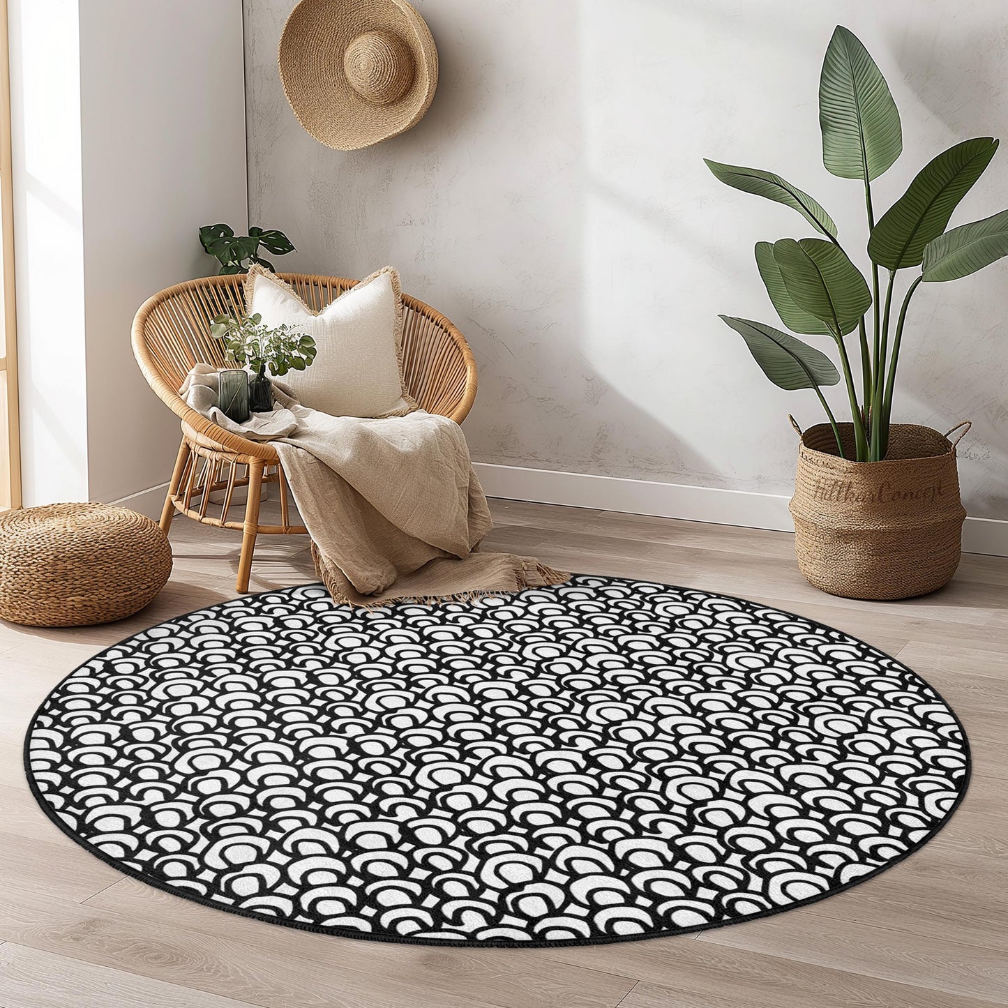 Elegant Geometric Round Area Rug, Modern Black and White Round Carpet, Stylish Home Decor, Contemporary Living Room Rug