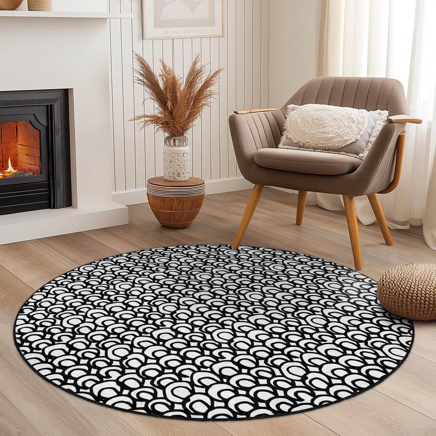 Elegant Geometric Round Area Rug, Modern Black and White Round Carpet, Stylish Home Decor, Contemporary Living Room Rug