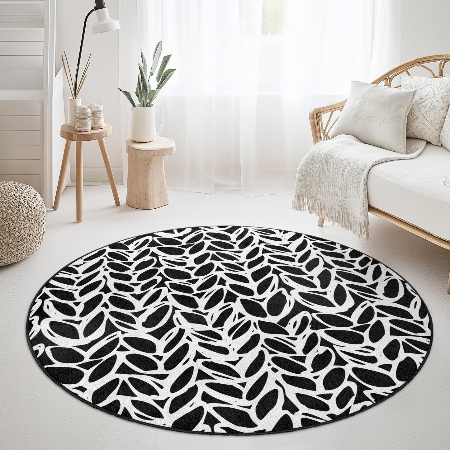 Black and White Leaf Pattern Round Area Rug, Modern Round Carpet for Living Room, Stylish Round Rug for Home Decor