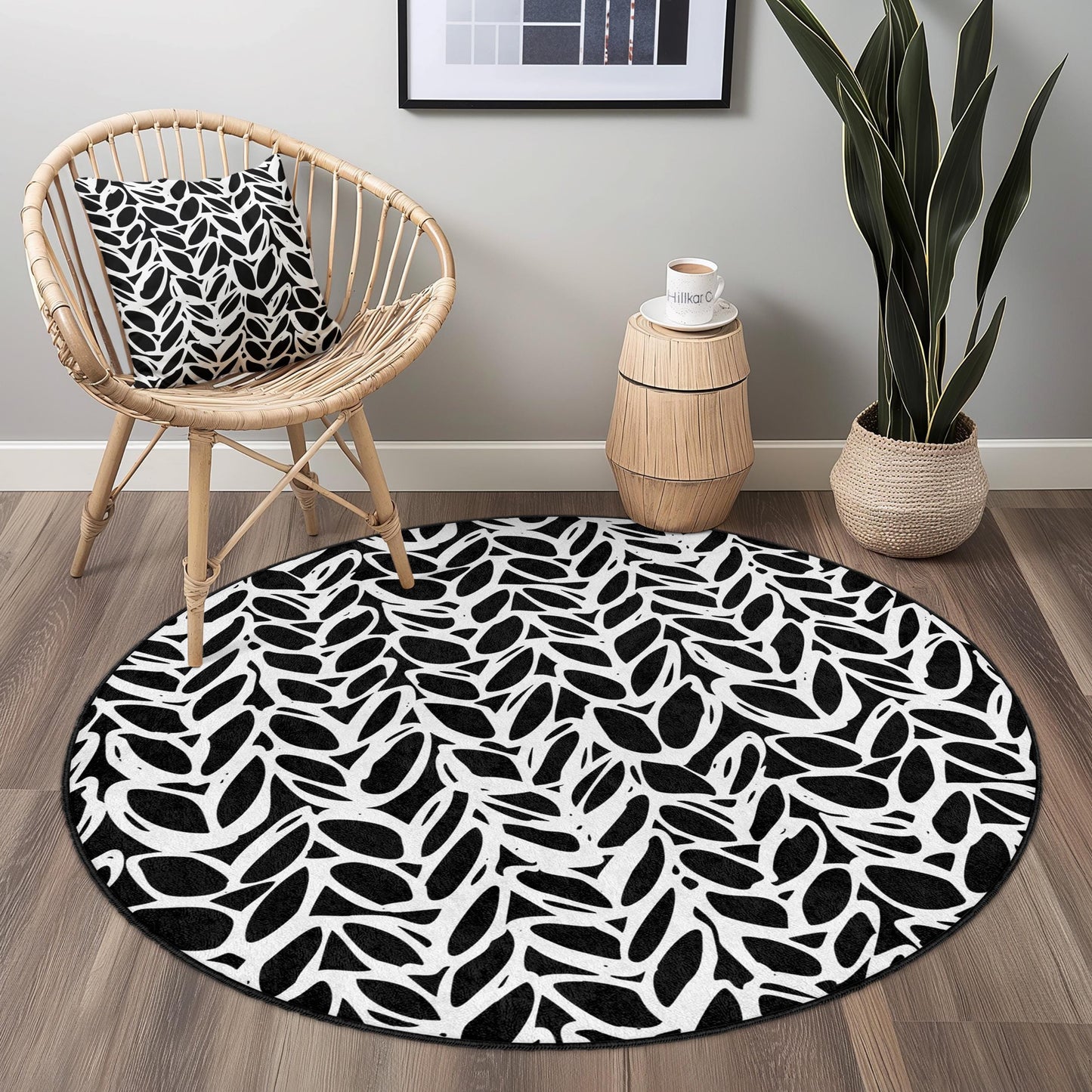 Black and White Leaf Pattern Round Area Rug, Modern Round Carpet for Living Room, Stylish Round Rug for Home Decor