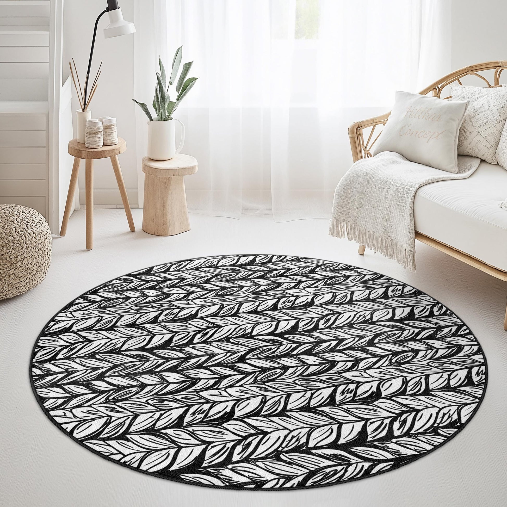 Black and White Leaf Pattern Round Rug, Stylish Leaf Design Area Rug, Modern Living Room Rug, Nature Inspired Decor, Boho Round Carpet