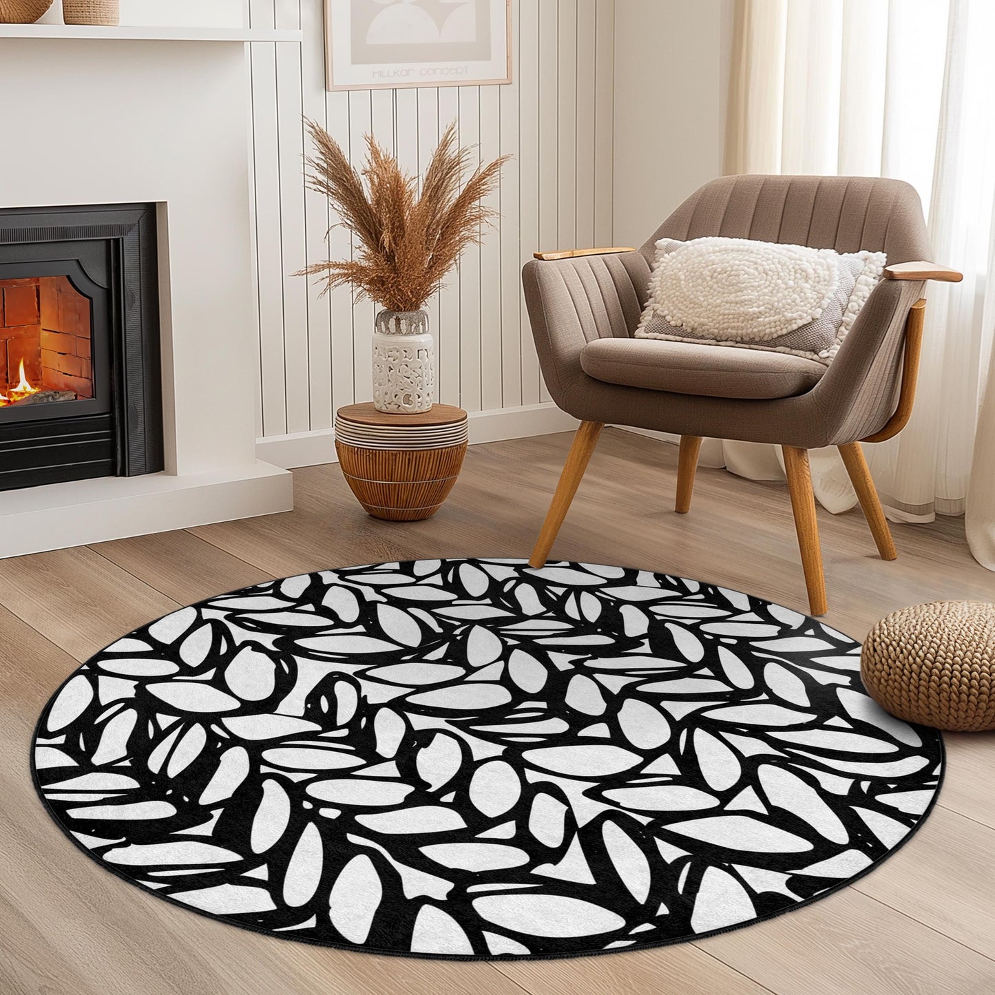 Modern Black and White Leaf Pattern Round Rug, Stylish Home Decor, Area Rug for Living Room, Bedroom, or Office, Unique Floor Mat
